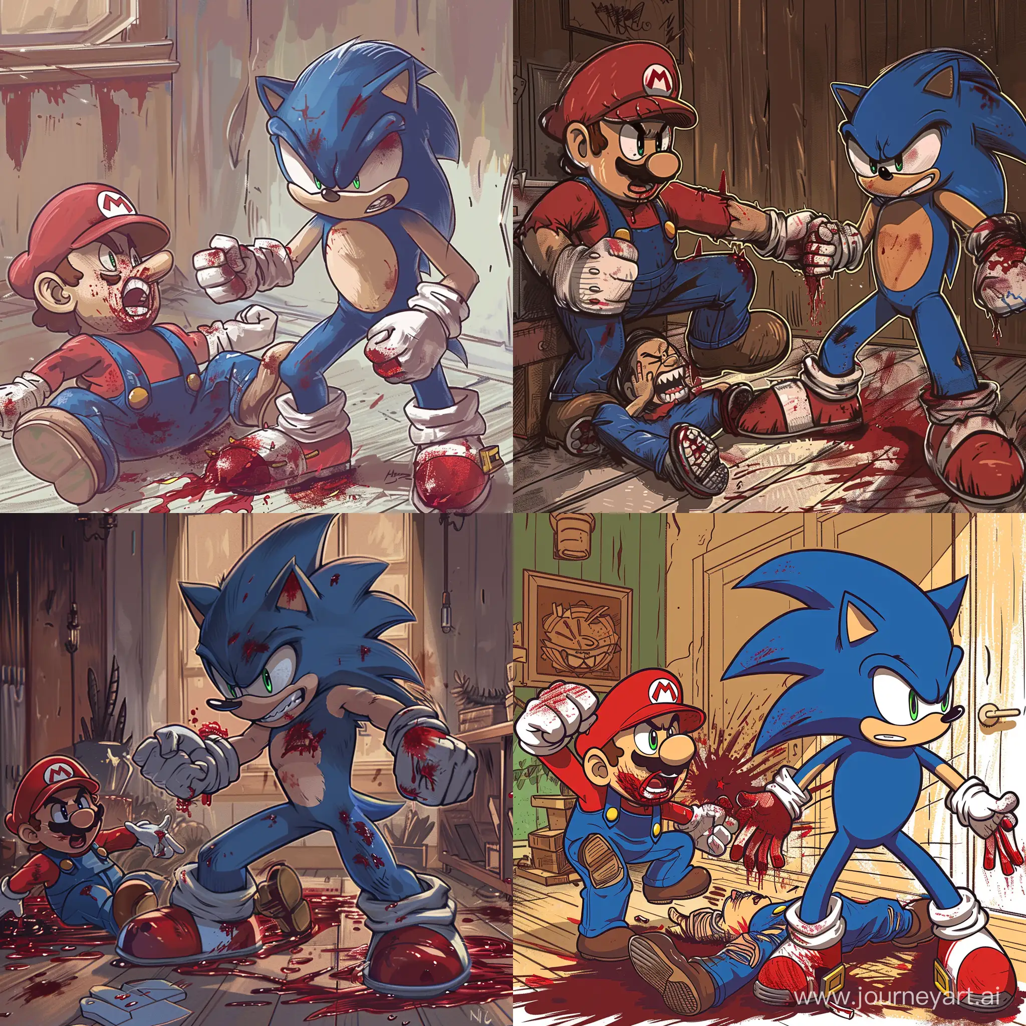 Sonic battle with mario and mario is on the floor in blood as sonic stand over him breathing heavily with anger and hands ready with blood on sonic hands belly and face