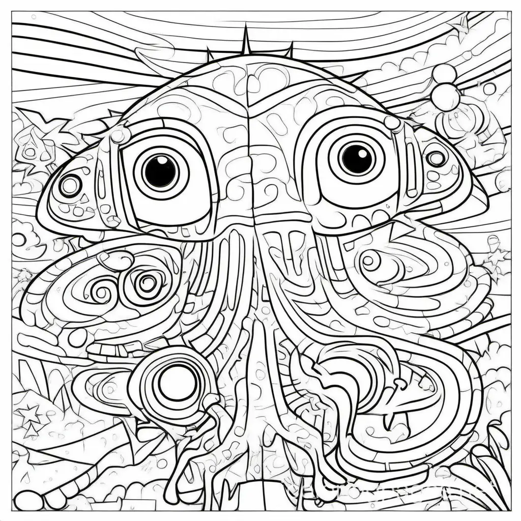 Insane understanding , Coloring Page, black and white, line art, white background, Simplicity, Ample White Space. The background of the coloring page is plain white to make it easy for young children to color within the lines. The outlines of all the subjects are easy to distinguish, making it simple for kids to color without too much difficulty