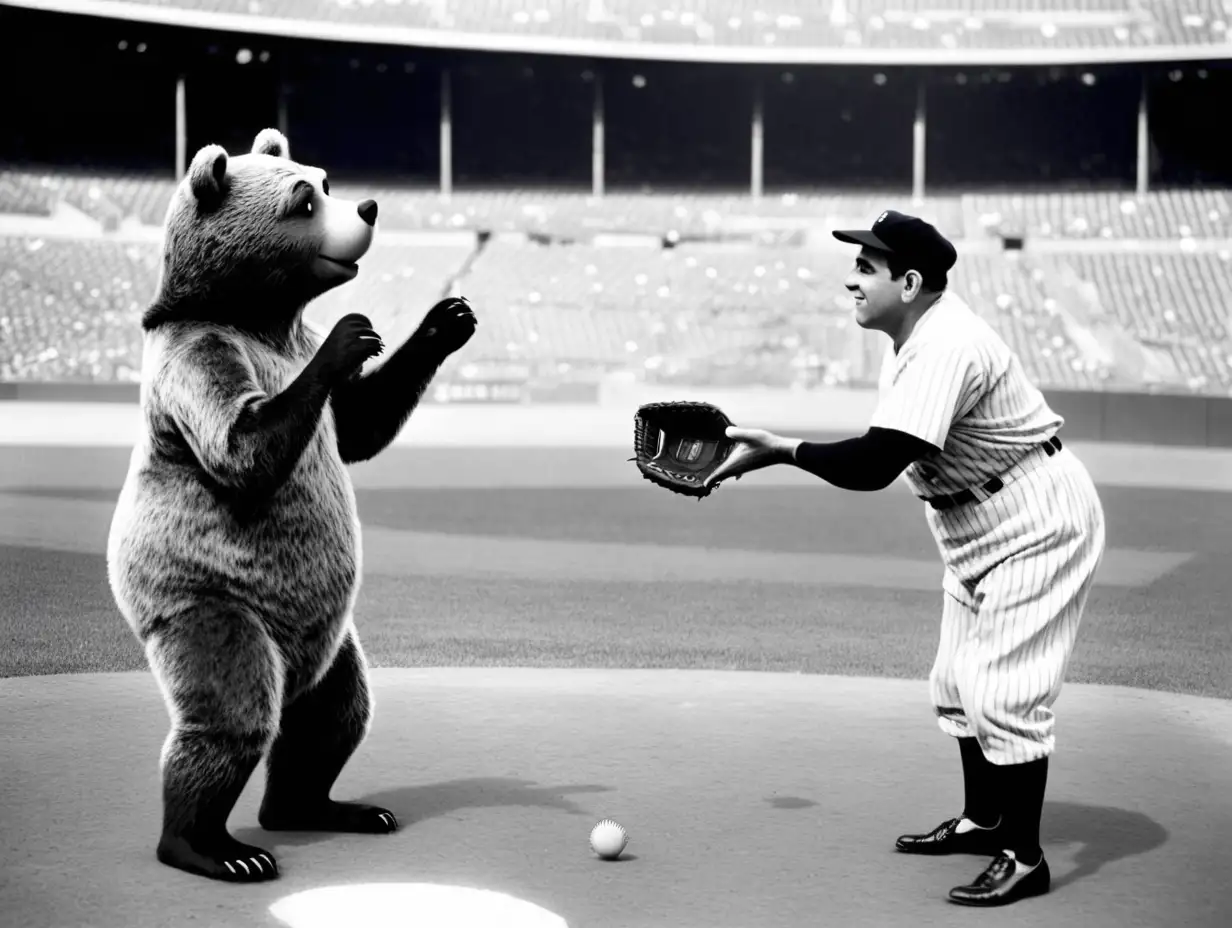 Yogi the Bear and Yogi Berra Playing Catch in Yankee Stadium 1951