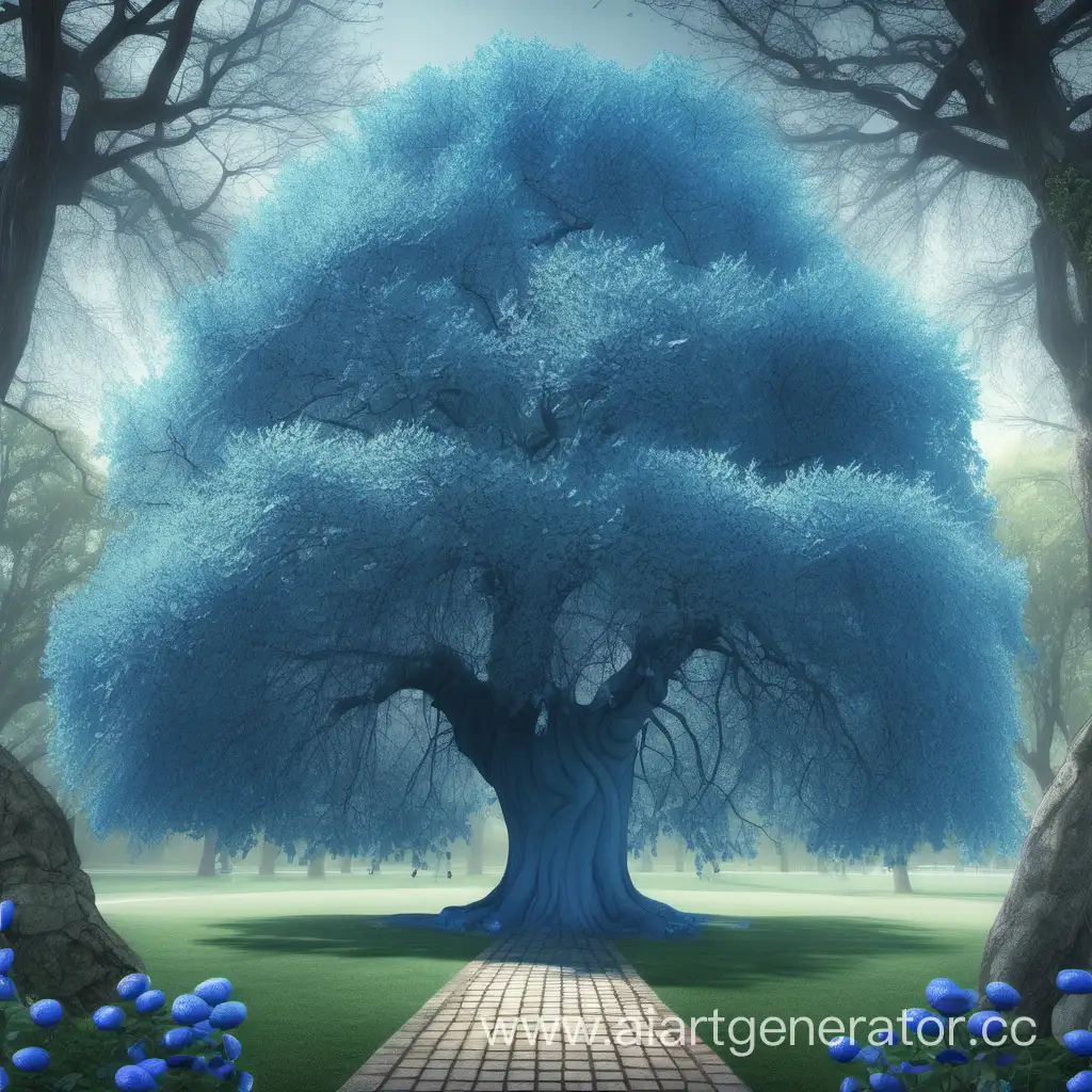 сад воспоминаний с большим синим деревом посредине