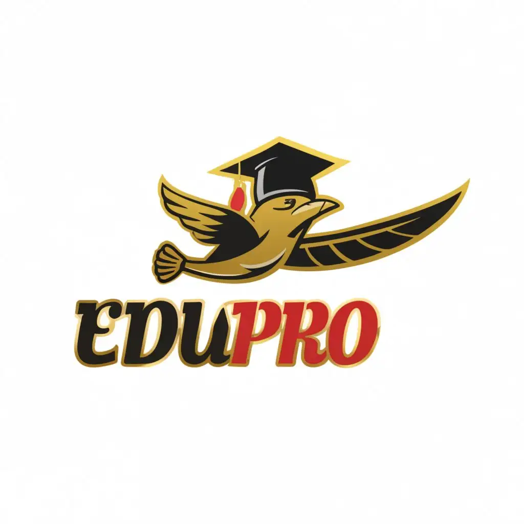 logo, long bird with graduation hat, the bird is flying with color black, gold and red, with the text "Edu Pro", typography