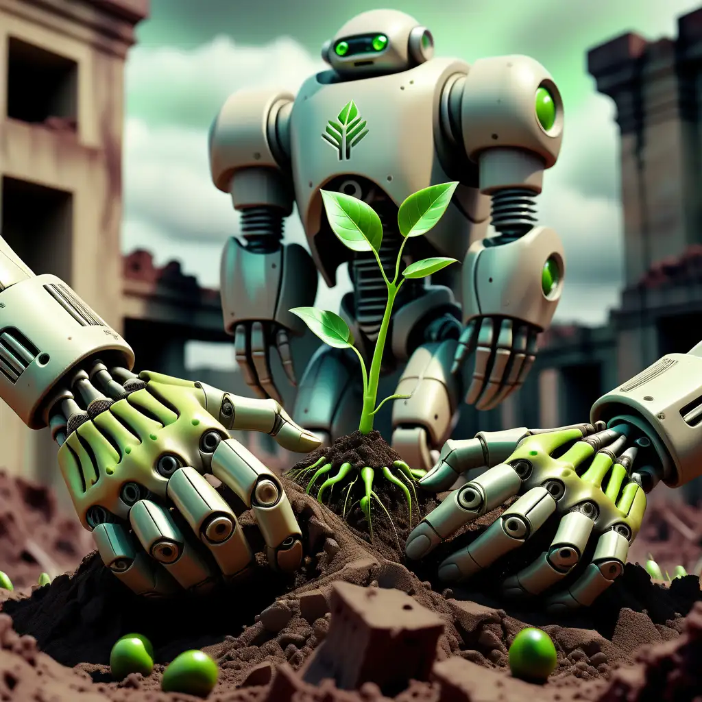 Capture the essence of a dystopian future in a close-up photograph featuring two cyborg or robotic hands cradling a mound of fresh earth with a vibrant green sprout, set against a backdrop of dark ruins. Explore the juxtaposition of technological beings nurturing the symbol of life in the midst of desolation. very detailed, atmospheric haze, Film grain, cinematic film still, shallow depth of field, highly detailed, high budget, cinemascope, moody, epic, OverallDetail, gorgeous, 2000s vintage RAW photo, photorealistic, candid camera, color graded cinematic, eye catchlights, atmospheric lighting, skin pores, imperfections, natural, shallow dof