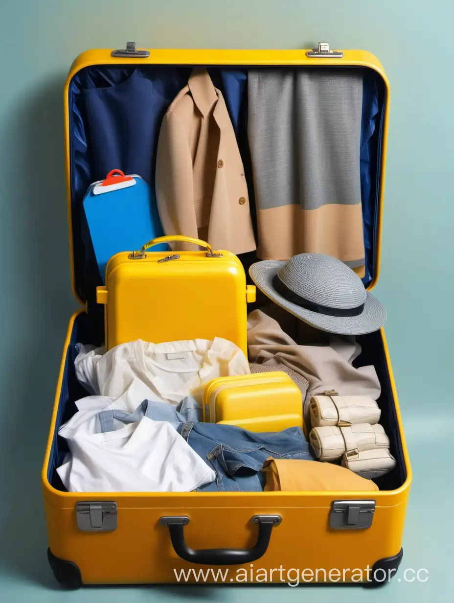 Generate an open plastic yellow suitcase in which various things lie