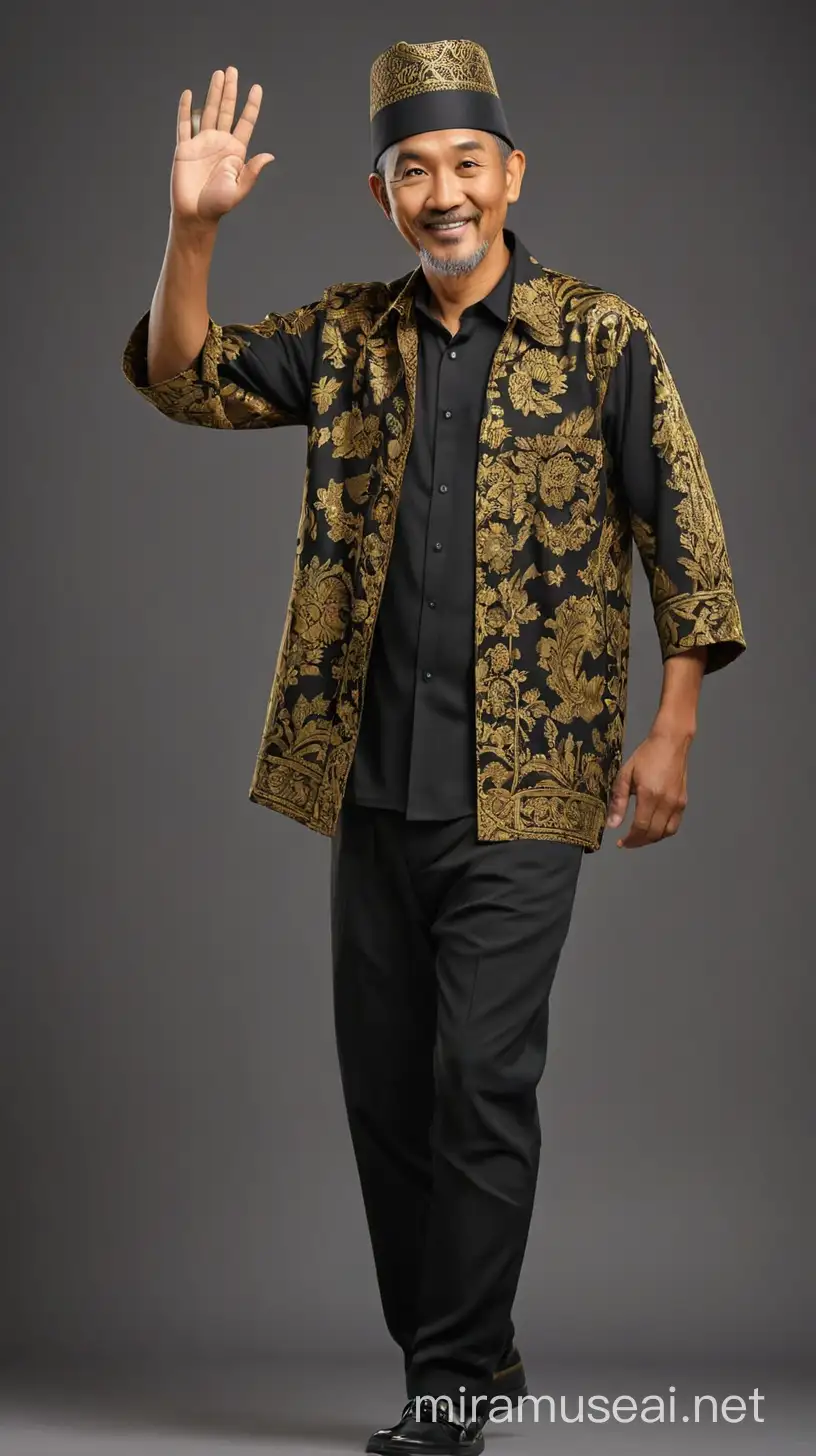 Seorang lakilaki Indonesia umur 50 tahun memakai kopiah (muslim) hitam, baju batik keemasan, celana panjang hitam, sepatu hitam mengkilap, sedang melambaikan tangan kanan keatas lebih tinggi dari kepala sambil berjalan, background solid