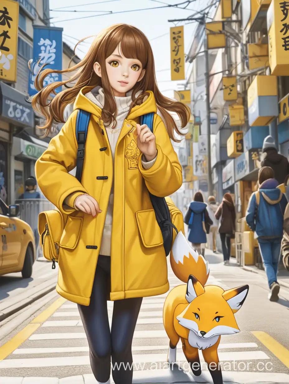 лиса девочка с оричневыми волосами в жёлтом плаще с рюкзаком жёлтого цвета  идет по улице с лисом  рисунок аниме