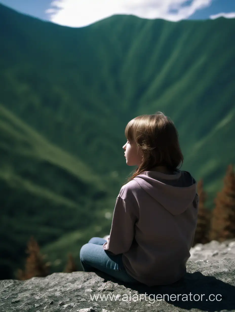 Задумчивая девушка,сидит к нам спиной, в горах