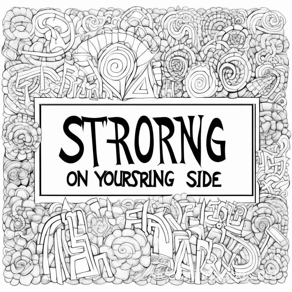 words- "Stay on Your Strong Side", Coloring Page, black and white, line art, white background, Simplicity, Ample White Space. The background of the coloring page is plain white to make it easy for young children to color within the lines. The outlines of all the subjects are easy to distinguish, making it simple for kids to color without too much difficulty