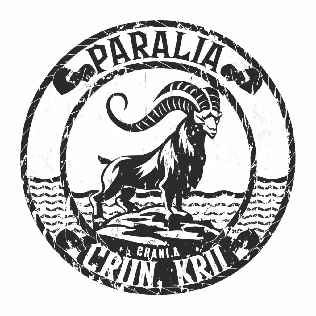 logo, Greek mountain goat with sharp horns on mountain rocks with Greek waves around in black and white, with the text "Paralia kri kri - Chania, Crete", typography, be used in Retail industry