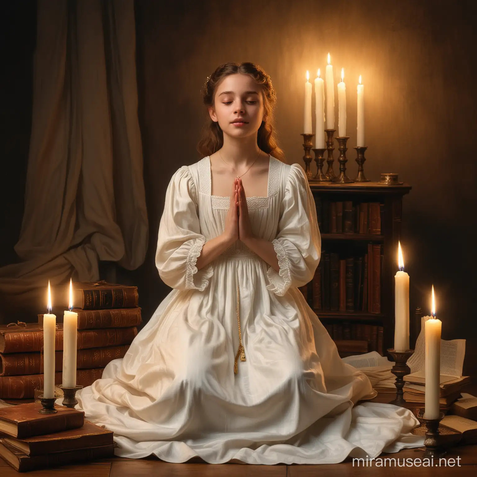 Girl in White Dress Praying Amid Candles and Books Rembrandtstyle Epiphany