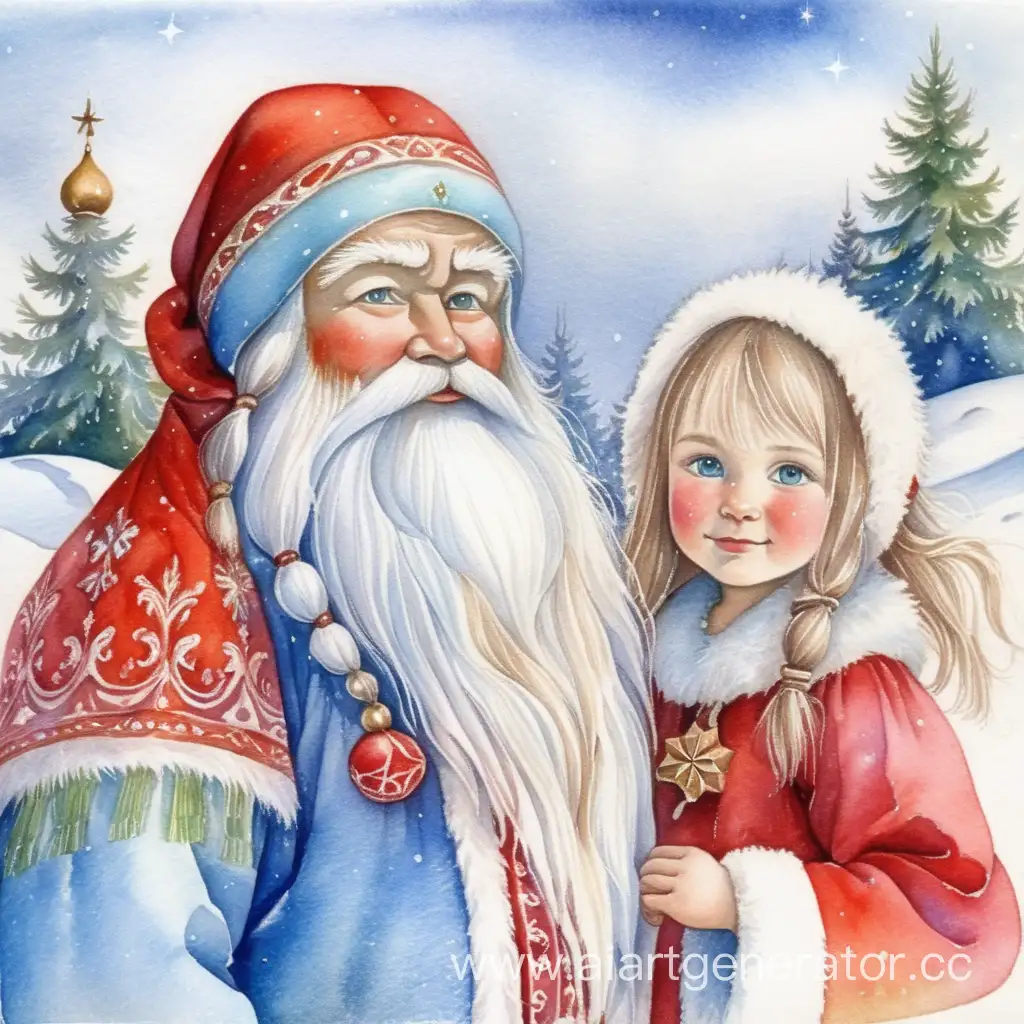 Ded Moroz and Snegurochka the other way around watercolor