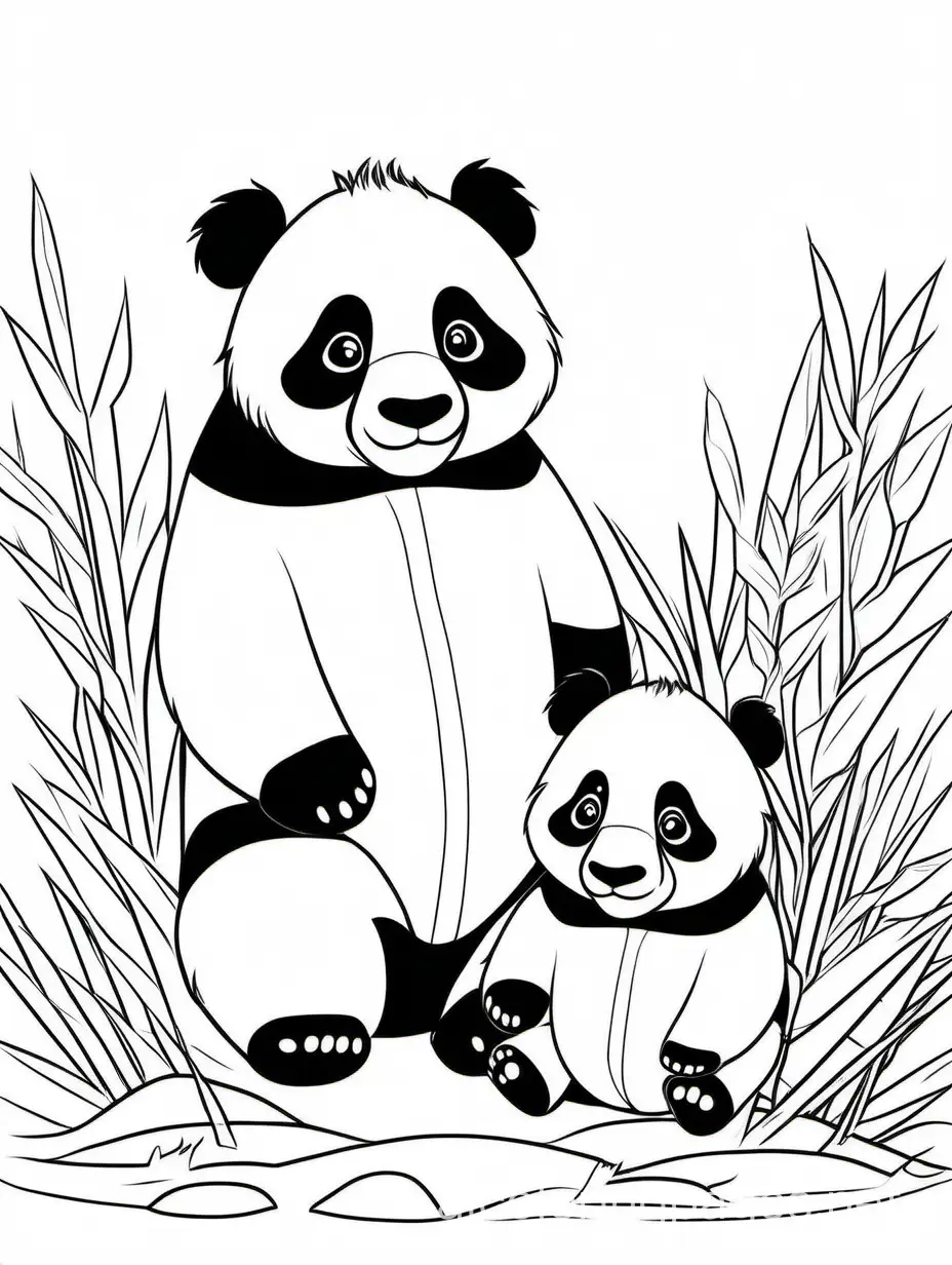 cute Panda
 Foal and his son for kids, Coloring Page, black and white, line art, white background, Simplicity, Ample White Space. The background of the coloring page is plain white to make it easy for young children to color within the lines. The outlines of all the subjects are easy to distinguish, making it simple for kids to color without too much difficulty
