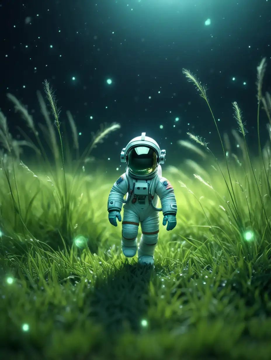 L’immagine di un astronauta minuscolo che cammina tra i fili d’erba, lo sfondo è sfocato e l’atmosfera è fantastica e drammatica. Atmosfera buia con particelle 