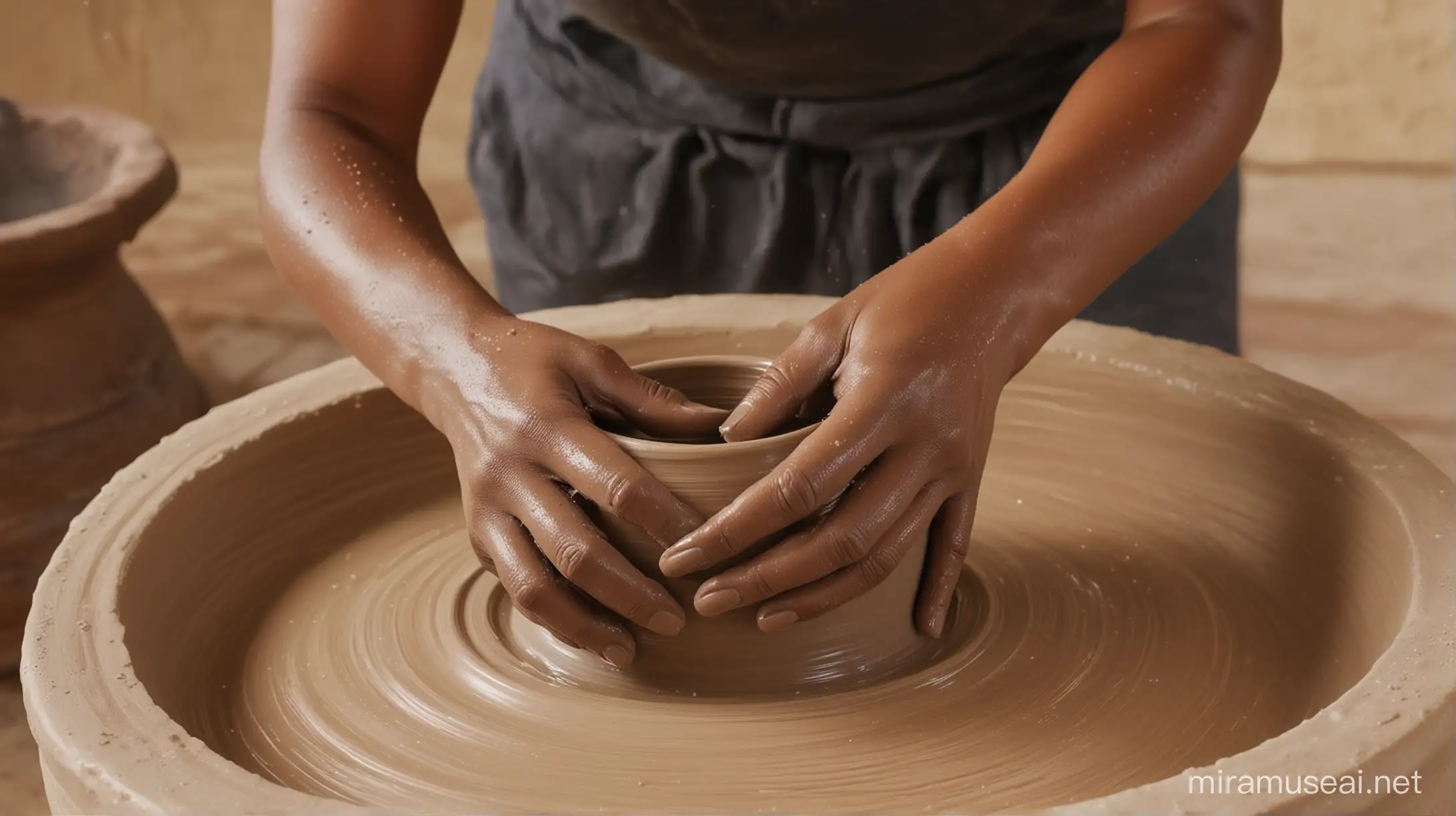 one black women hand in wet clay on a pottery wheel