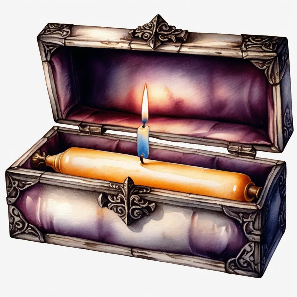 single long flameless candle laying in an old medieval box with velvet lining, dark watercolor drawing, no background