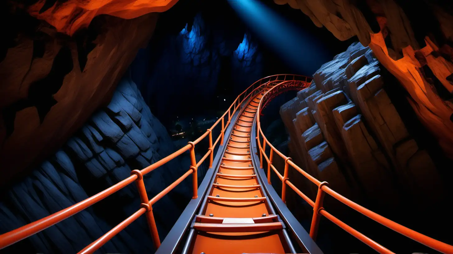 Pixar style  metal roller coaster looking down at cave entrance   ,orange tracks at night