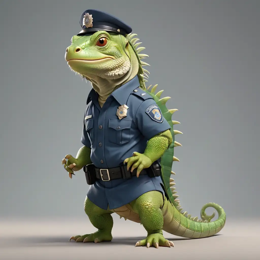 a cute Iguana cartoon style in full body in Police clothes with clear background