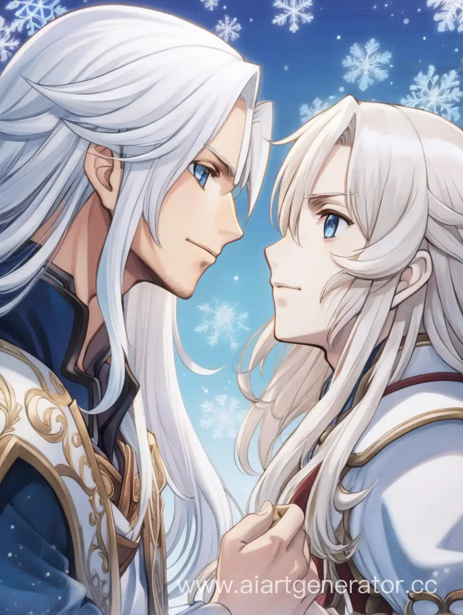 Два парня влюблённо смотрят друг на друга. Первый с длинными белоснежными волосами, голубыми глазами. А второй с коричневыми волосами по плечи, карьими глазами.  В стиле аниме.