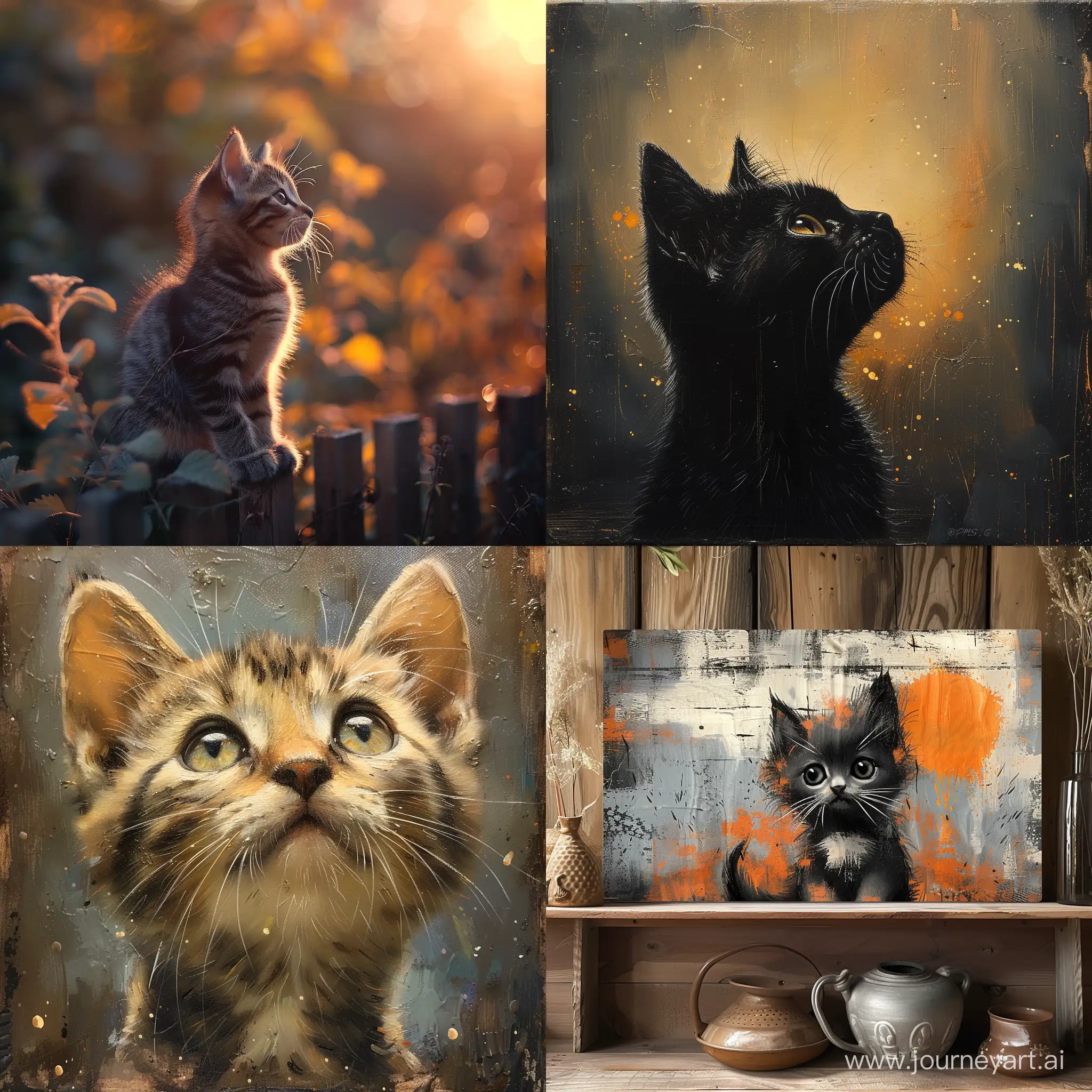Adorable black kitten with snowy white tips perched on rustic wooden fence ::4 Charming countryside village backdrop ::3 Glowing, warm hues of an orange sunset ::3 Whimsical atmosphere, cozy and serene ::2 Artistically composed, evoking a sense of wonder ::2 --s 250 --v 6 --ar 1:1 --no 87727