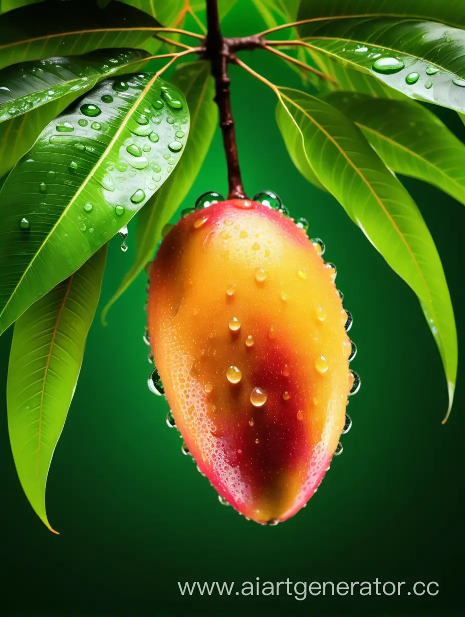 Vibrant-African-Mango-with-Refreshing-Water-Drops-on-Green-Background