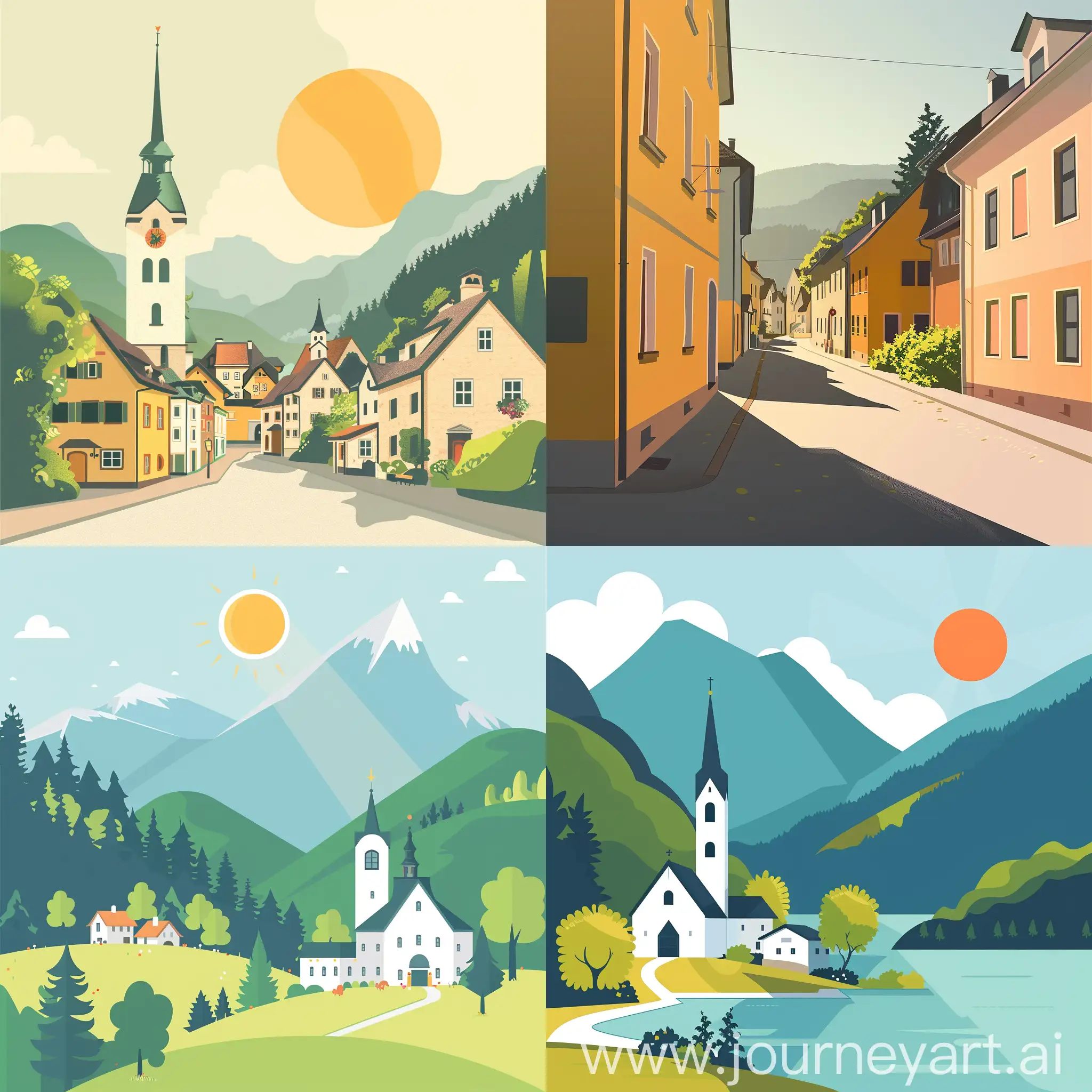 beautiful Austria, sun, peace, light and shadow, high detail, clean, simple, in high quality flat style