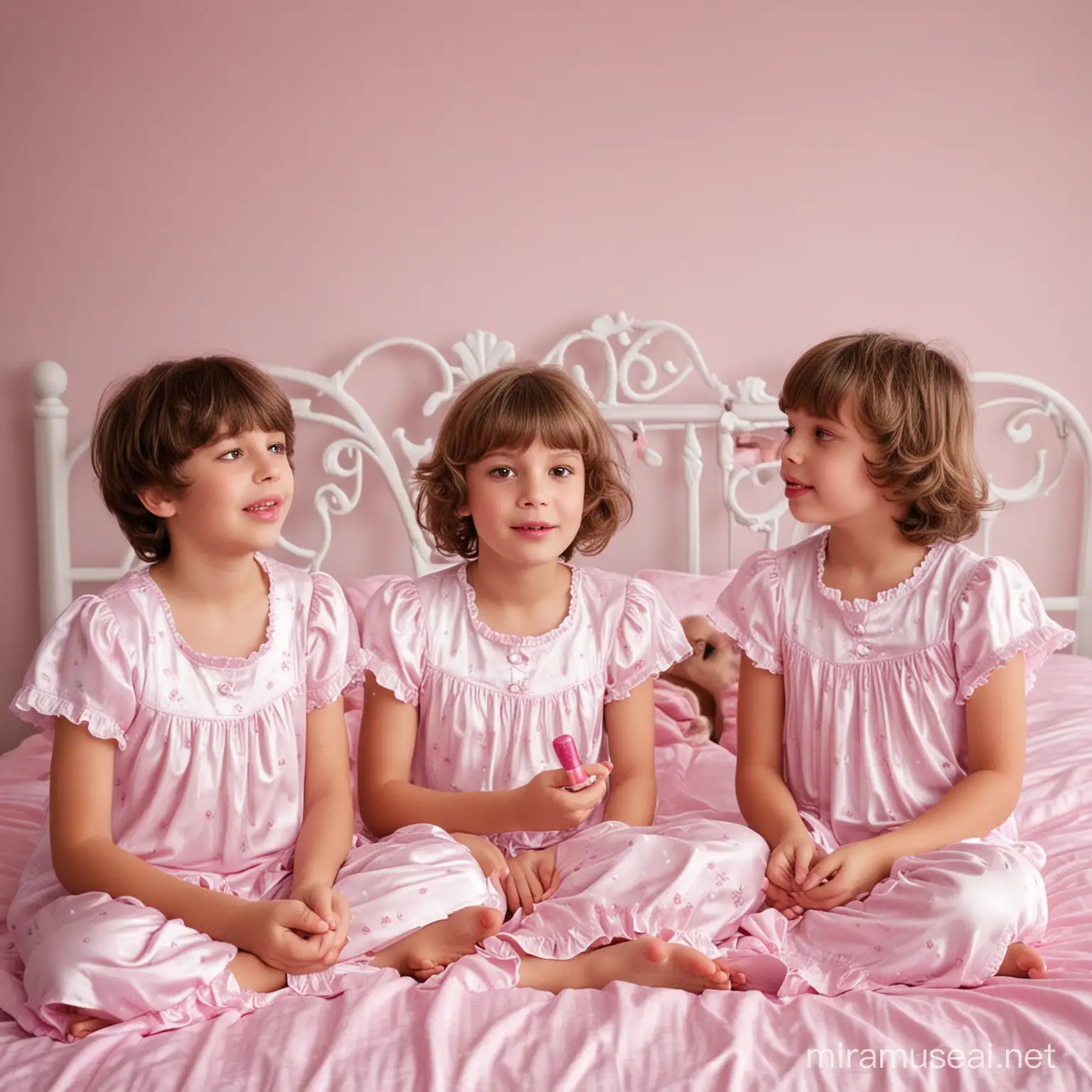 four frilly boys, twelve years old, sitting on their sister`s bed, wearing her pretty feminine babydoll nighties, with cute pixie bob hairdos, with wide bangs, applying pink lipstick and perfume, to look like little girls.