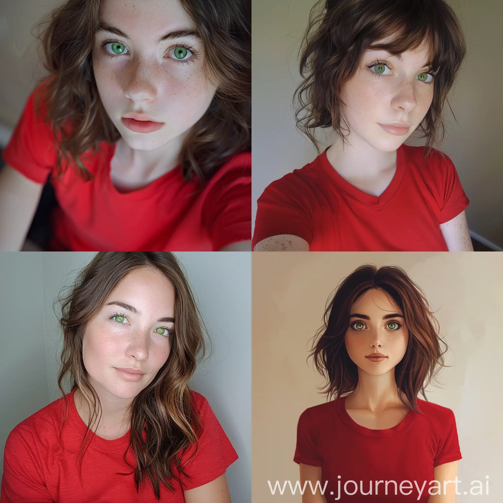 Girl with brown hair and green eyes in red t shirt