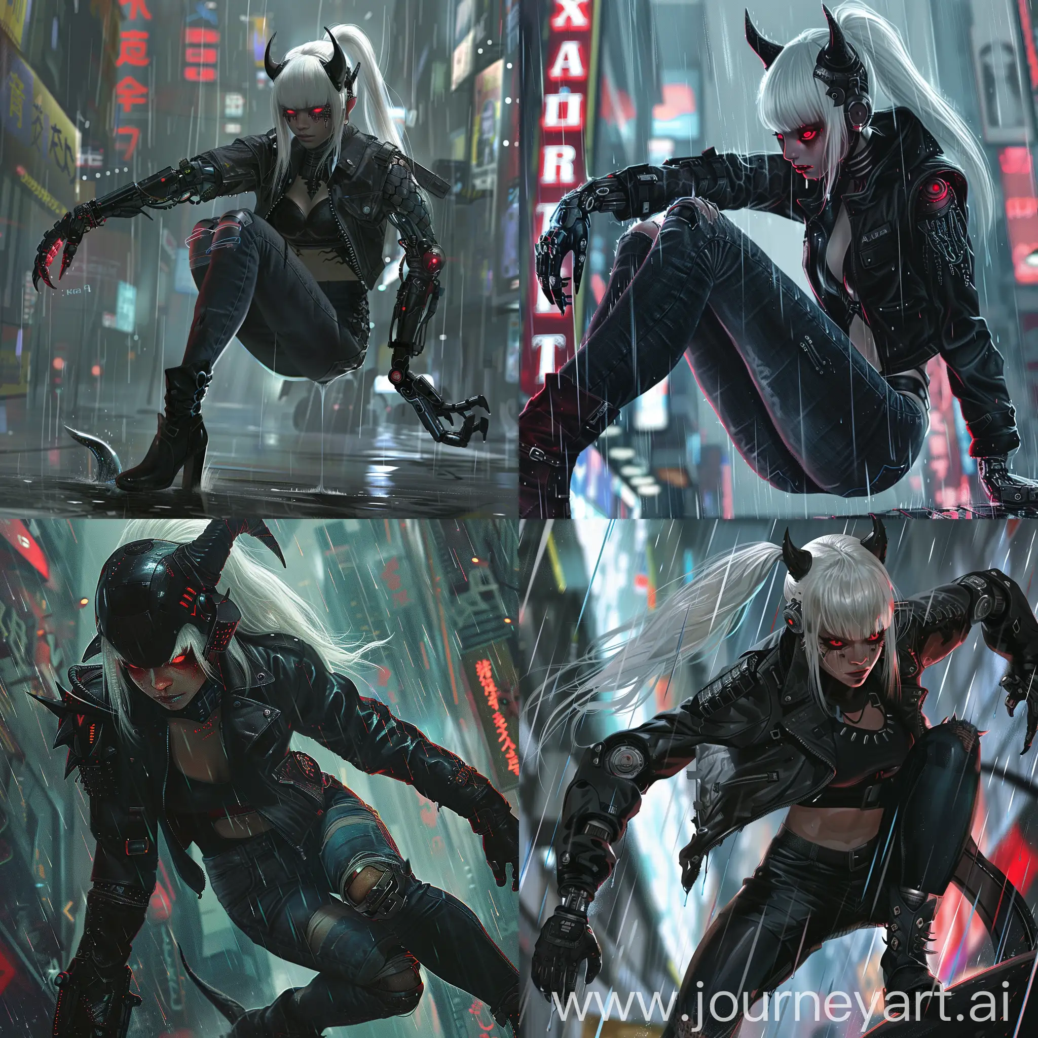 full portait, Au ra race, Xaela clan, female, face type 4, face scales, horns inward, white ponytail with bangs, black skin color, red eyes with black sclera, wearing black jacket black jeans black boots, robotic right arm, demon left arm, sliding, raining in the cyber city, chromatic abberation