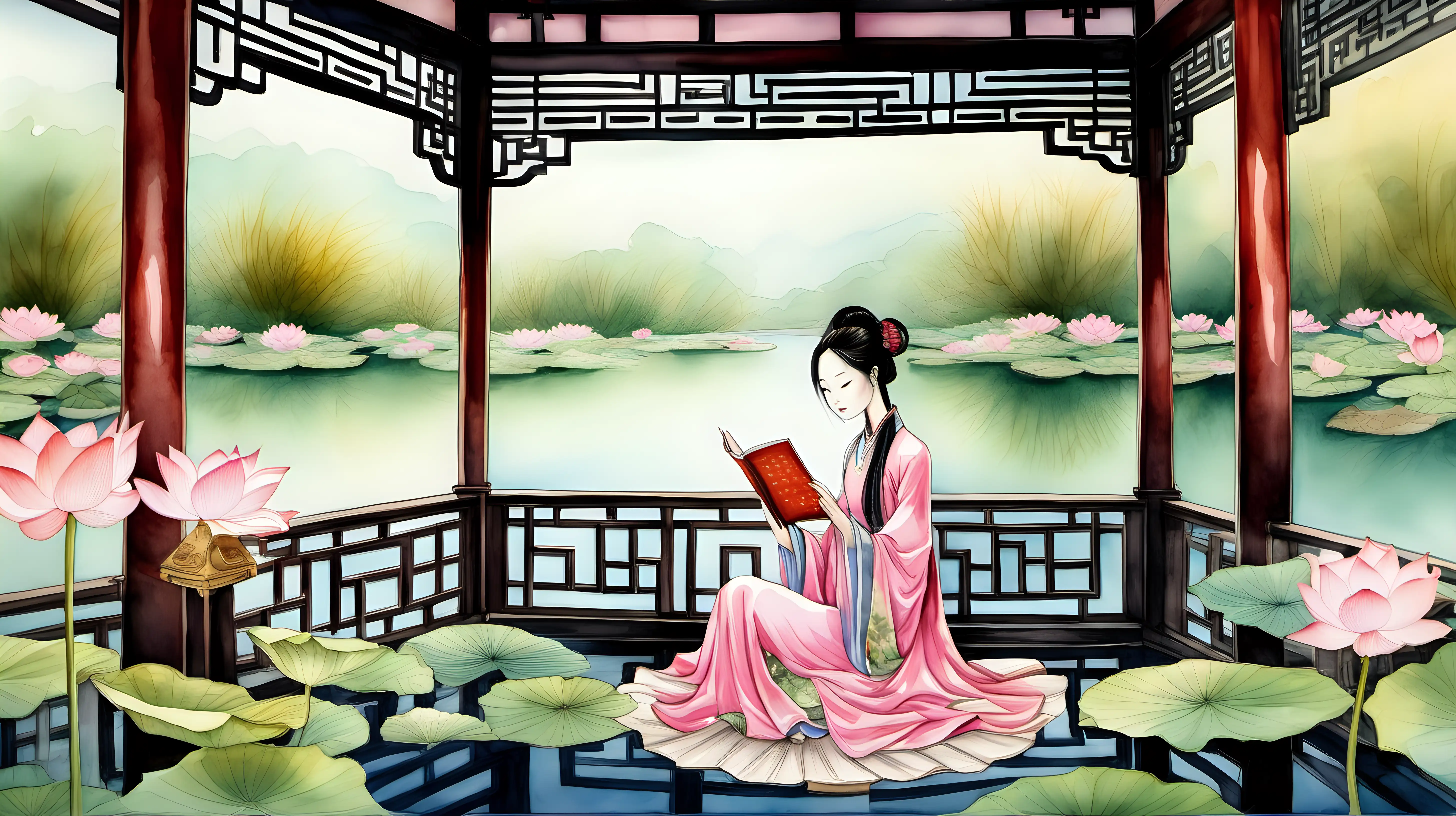 a watercolor painting of a serene chinese princess reading a book surrounded by lotus flower in a beautiful gazebo by the lake, textured painting
