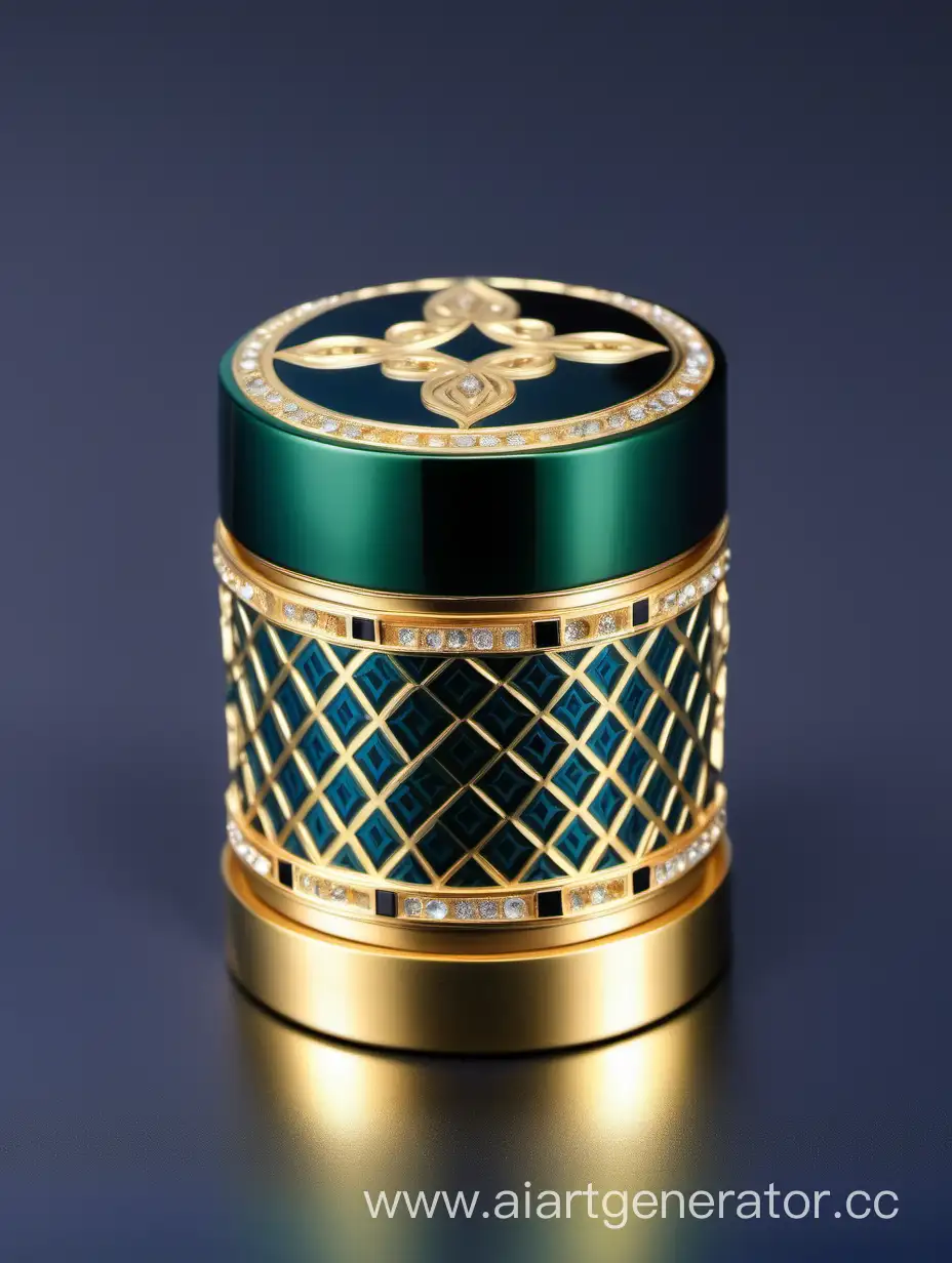 Luxury Plastic Perfume decorative ornamental long double height cap, gold color with black and dark green blue border line arabesque pattern round shaped metallizing finish with diamond on top