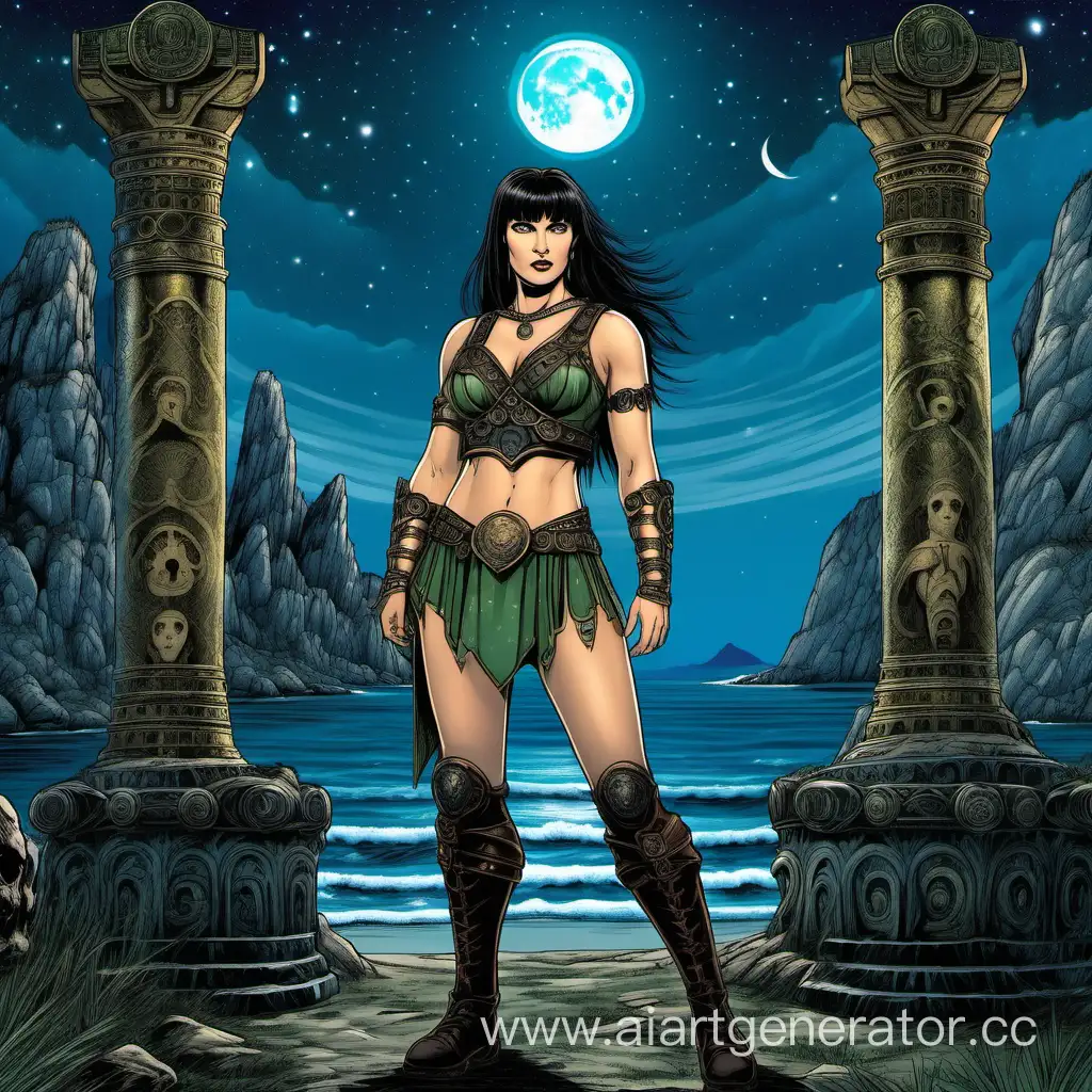 Strong beautiful-faced Xena warrior princess with curvaceous thighs and abs, raven hair, ample butt, blue eyes, wearing a short dark-green garter belt stands near an obscure ancient temple near a twilight seashore in Crimea with obscure mountains on background and the Moon and stars overhead