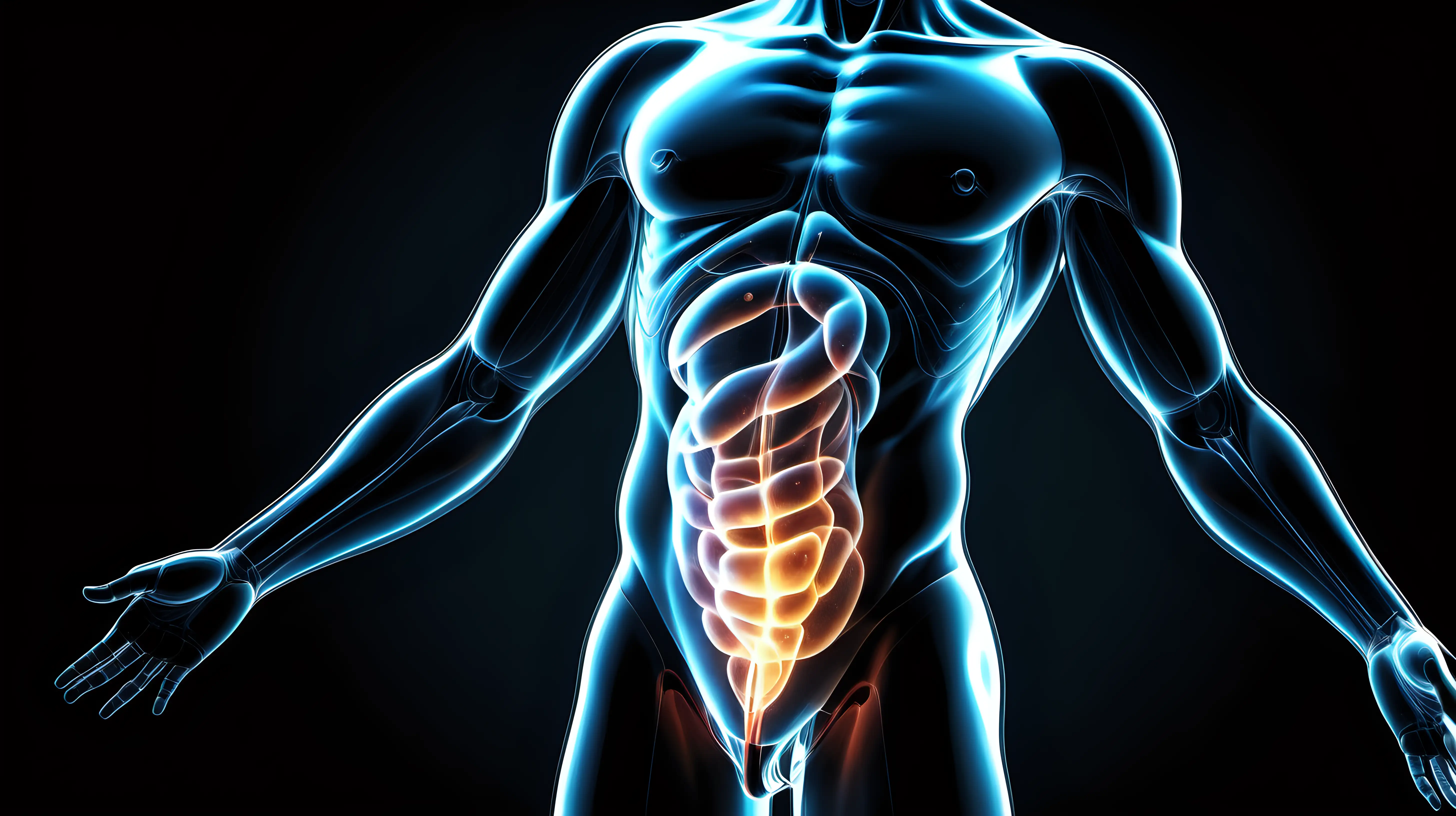 An artistic and scientific visualization of a transparent human figure, showcasing the J-shaped stomach as the focal point against a dark background, creating a captivating and educational composition.