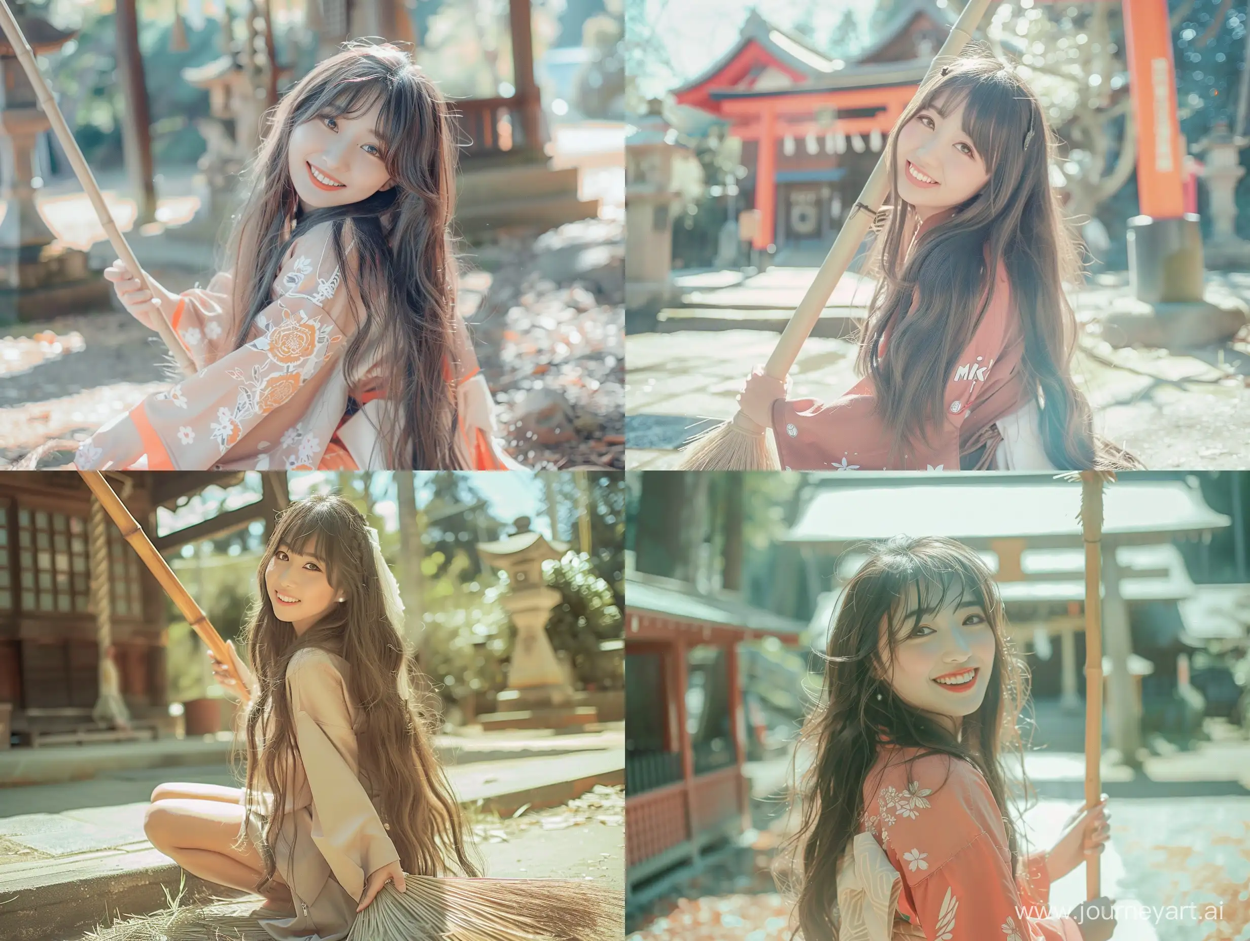 Create an image that shows a cute 23 year old Japanese Girl with long hair, sweet smile, full shot, full body, from an old photo album from the 80s, captured at a low angle with a movie camera aesthetic, wearing Miko's costume, outside a shrine outdoors , posing cutely with a broom in different photo poses, showing a real-life perspective and recalling the nostalgic atmosphere of film photography. Emphasize soft natural light, clear lighting, and slightly increase graininess to enhance the timeless and lively feel of this moment. Realistic, cinematic, stunningly beautiful girls
