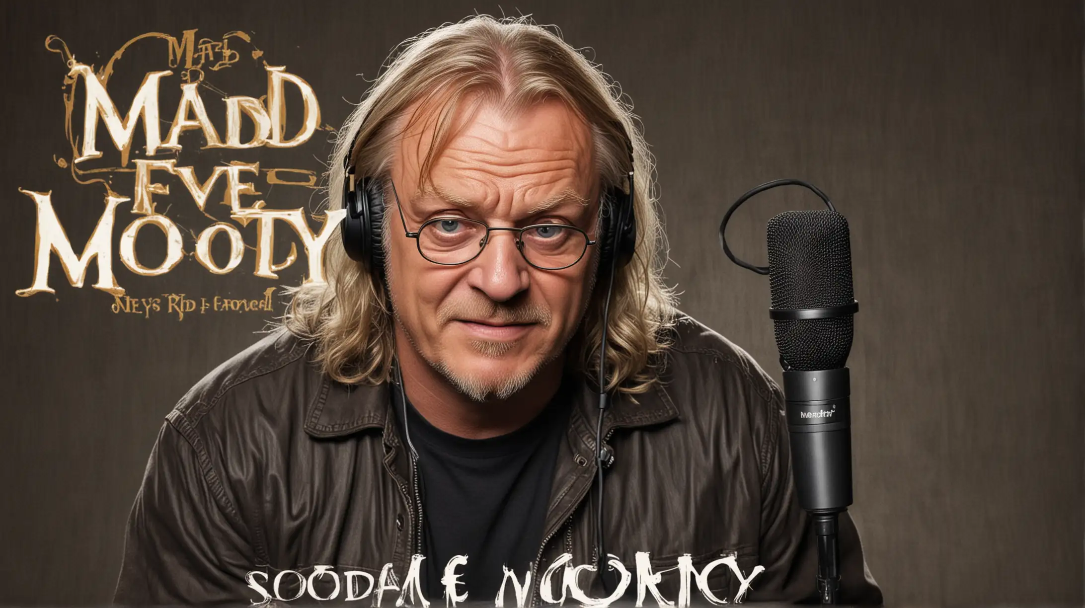  Mad eye moody zeigen, wie er in ein Microphon spricht und einen Podcast aufnimmt, in den Hintergrund noch “Mad Mic Moody” dazuschreiben. das ist das Logo für seinen Podcast
