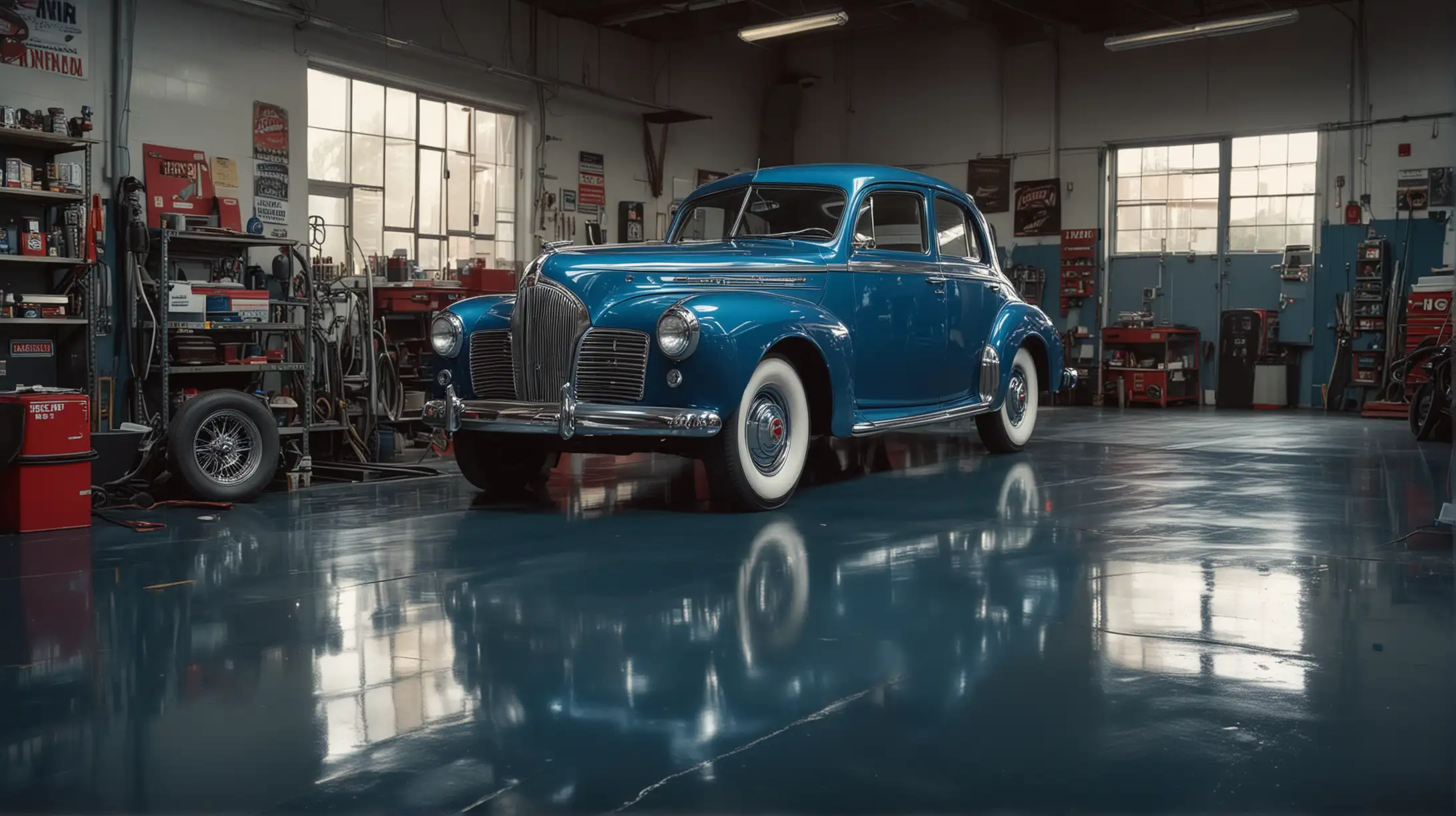 An image of the interior of a car repair shop with a chrome theme, a shiny black floor. A blue vintage 1942 Studebaker Commander car is in the mid-ground. Cinematic lighting, photographic quality.