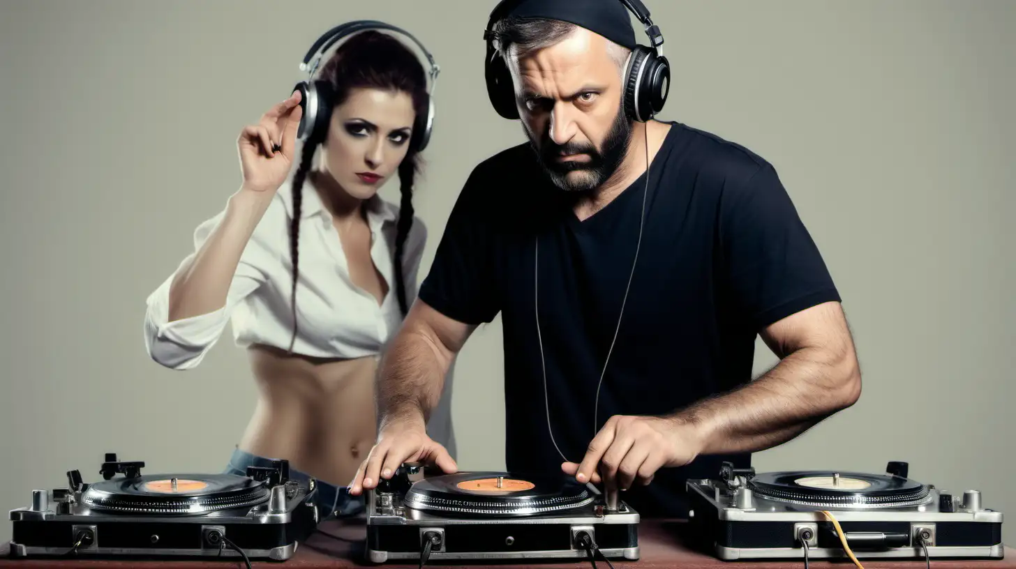 handsome 40-year old male dj is cueing up a record.  There is a tough young Jewish female with a gun standing behind him.