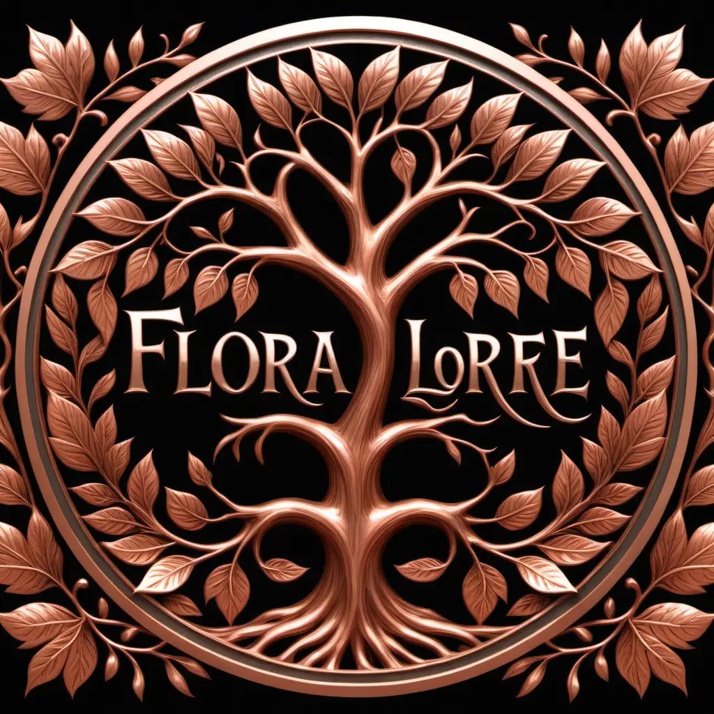 A logo.  A tree with copper leaves. Write the words "Flora Lore. Use bronze and copper.  Black background.  Create double border around the logo with ornate decoration inside the border.  
