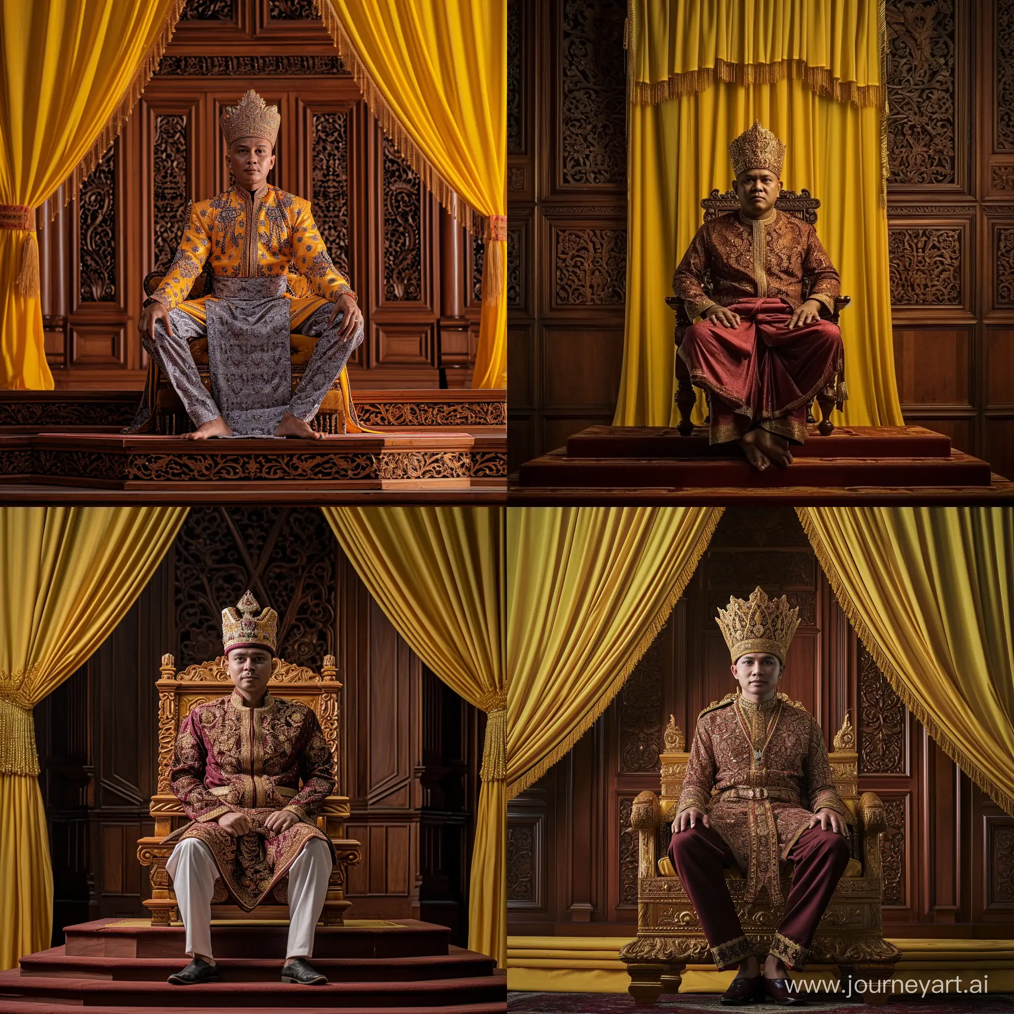 A full body shot, a malay man in his 30s, in malay classic royal attire, traditional headdress (tanjak). Sitting cross-legged on a throne on three-layer stage. Background a intricate carved timber wall panelling, yellow curtain with tassel hangs. Dim, dramatic lighting. Image is majstic, epic, professional color grading.