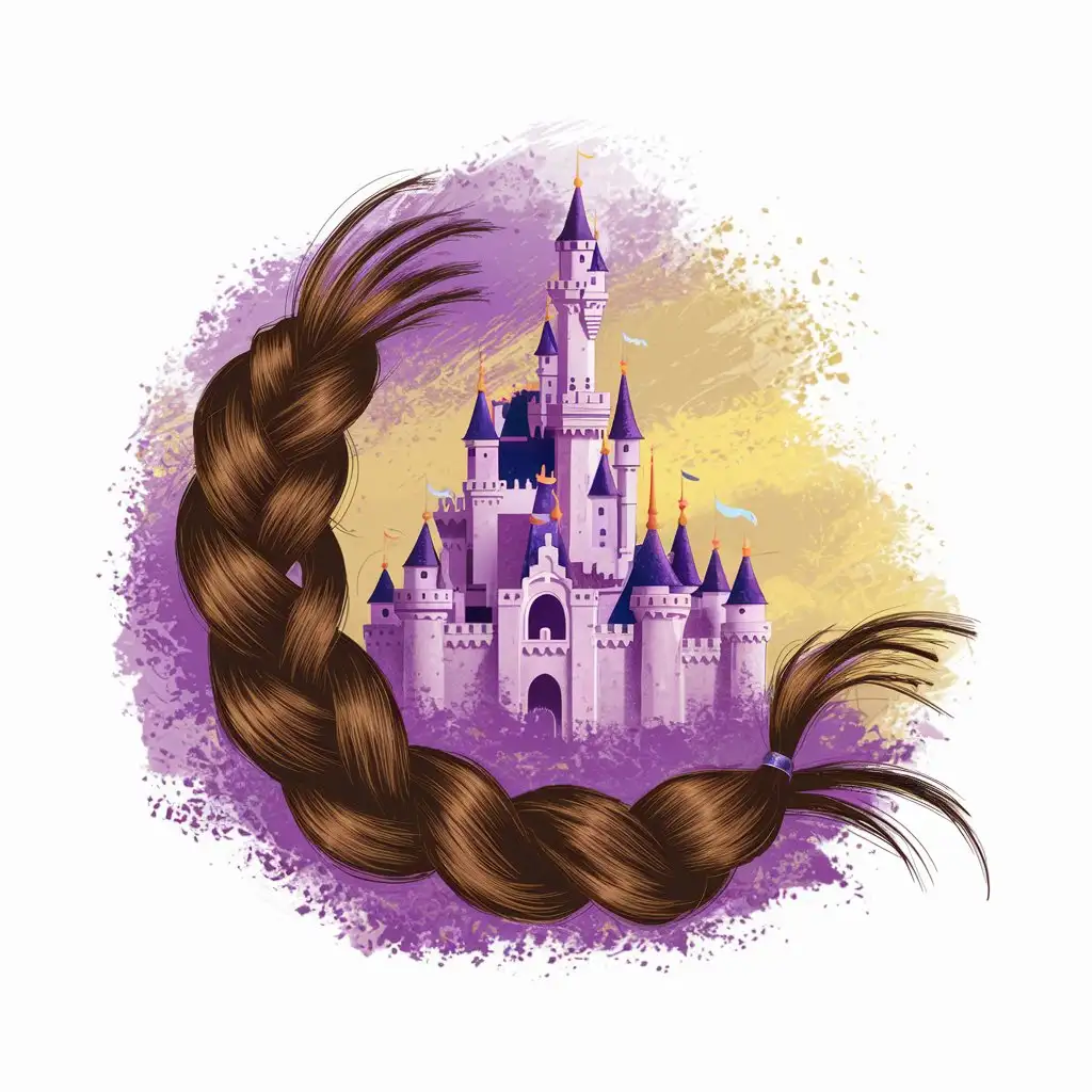 logo. sweep of a brown hair braid. Disney inspired. castle. background of purple and yellow. magical and whimsical. travel. adventure. 