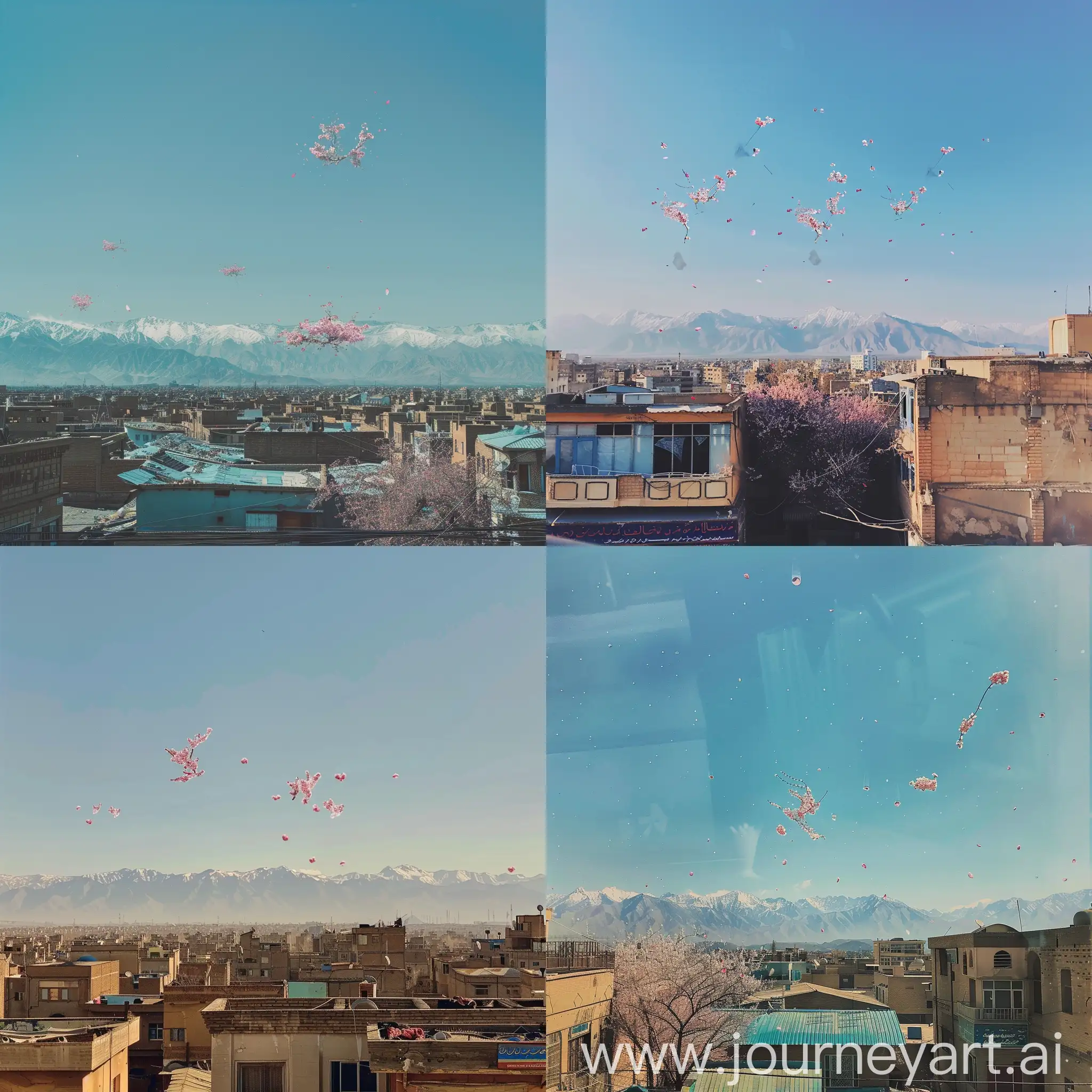 Karaj-Cityscape-with-Alborz-Mountains-and-Pink-Blossoms