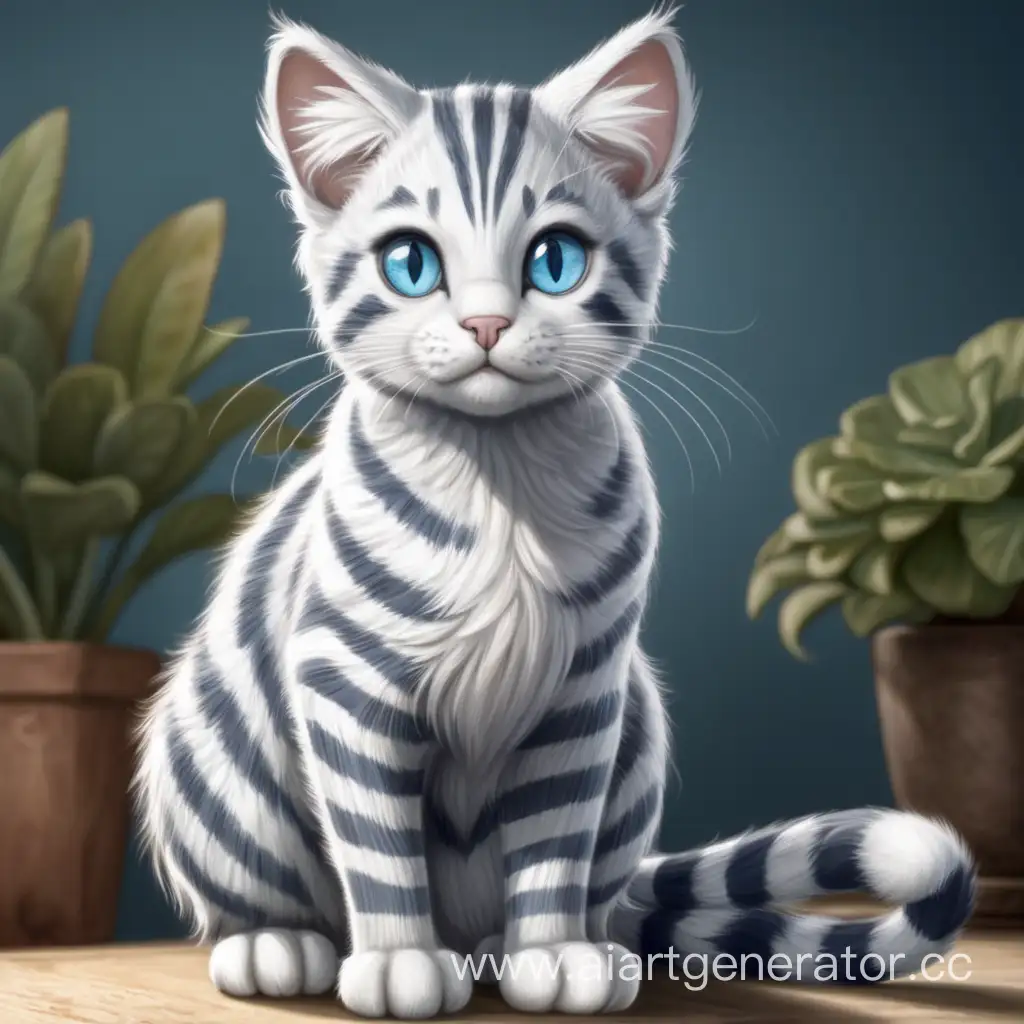 Искра- стройная мягкошерстная светлая серебристо белая полосатая кошка. У нее белые лапки живот и мордочка белые пятна на шерсти. Полосатый серебристый хвост с серебристым кончиком. Порванные уши и темно голубые глаза
