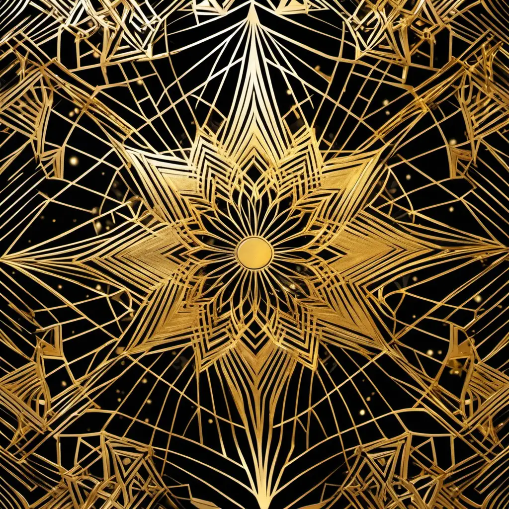 Garnished with an intricate overlay of golden geometric patterns, this design brings the precision of the cosmos into a fashionable garment that shines both day and night.
