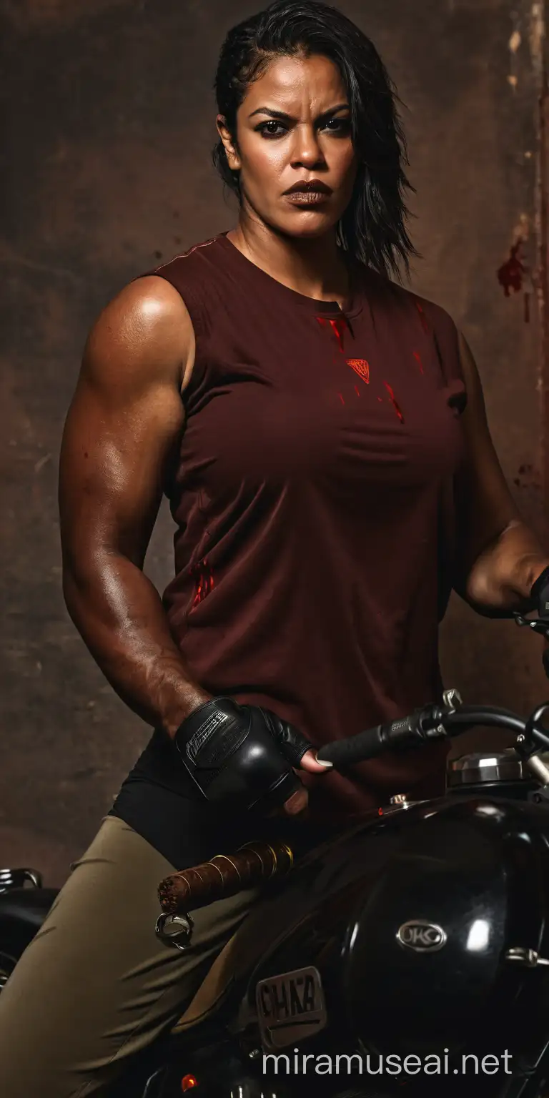  large, strong female, boxer, bodyguard, northern african decent, motorbiking clothes, dark hair, very muscular, cigar, bloody
