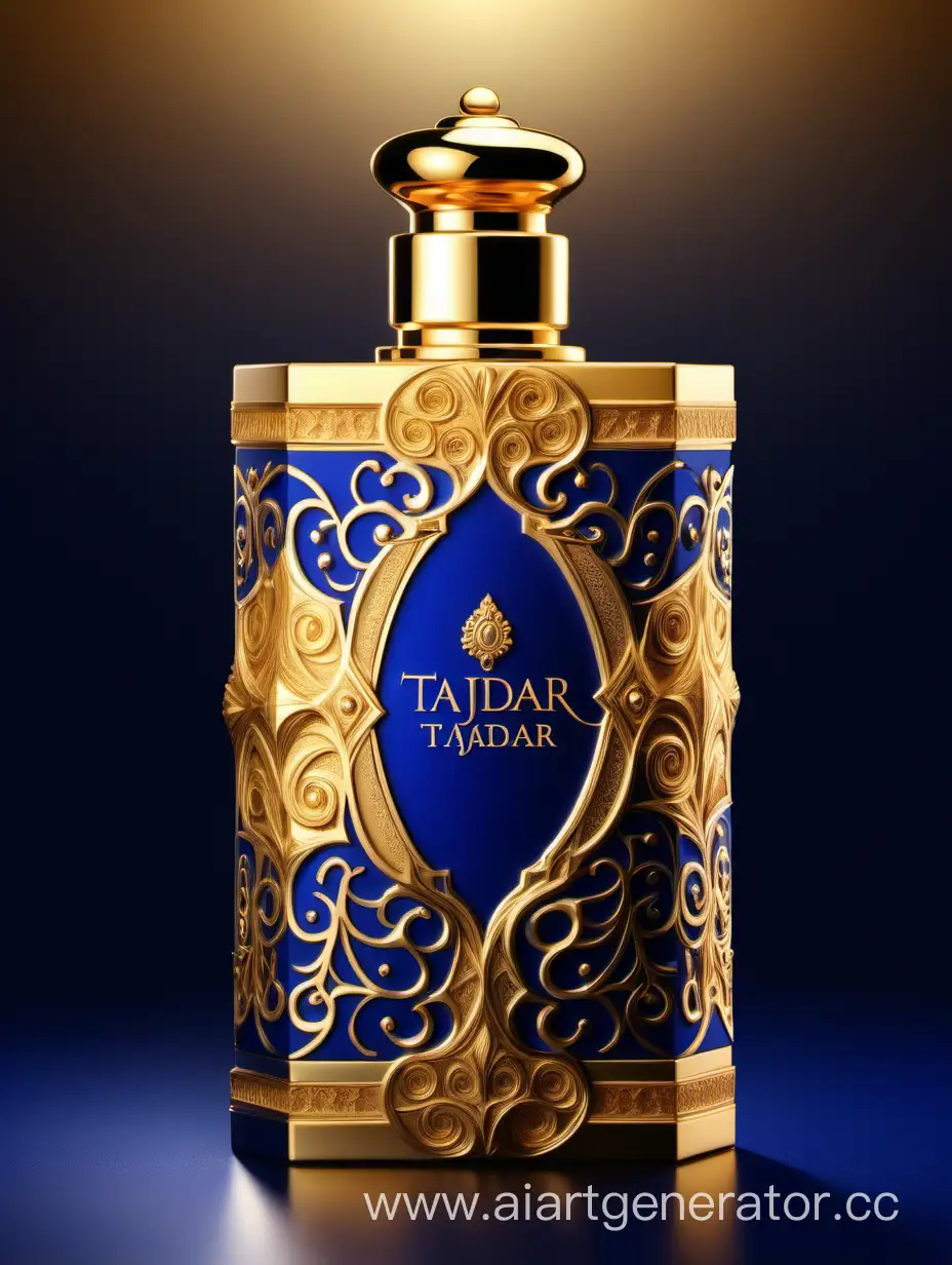 Box package design of perfume TAJDAR product, elegant, trending on artstation,   sharp focus,   studio photo,   intricate details,   highly detailed,   gold, Royal Blue and beige color on gold background