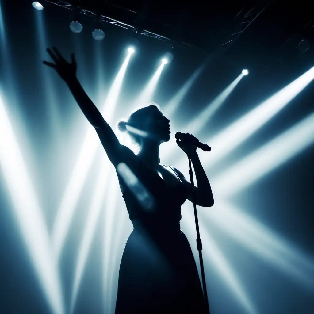 Une photo d'une chanteuse dans concert avec des lumières de type blinders et des faisceaux de lumières. Photo réaliste mais avec un brouillard de scène qui matérialise la lumière et met un filtre sur la photo.