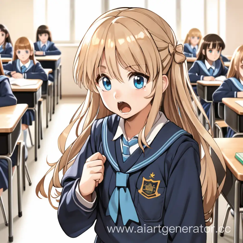 Cowardly girl, console in hand, frightened, in school uniform, hair down to her shoulders, light hair, cute 