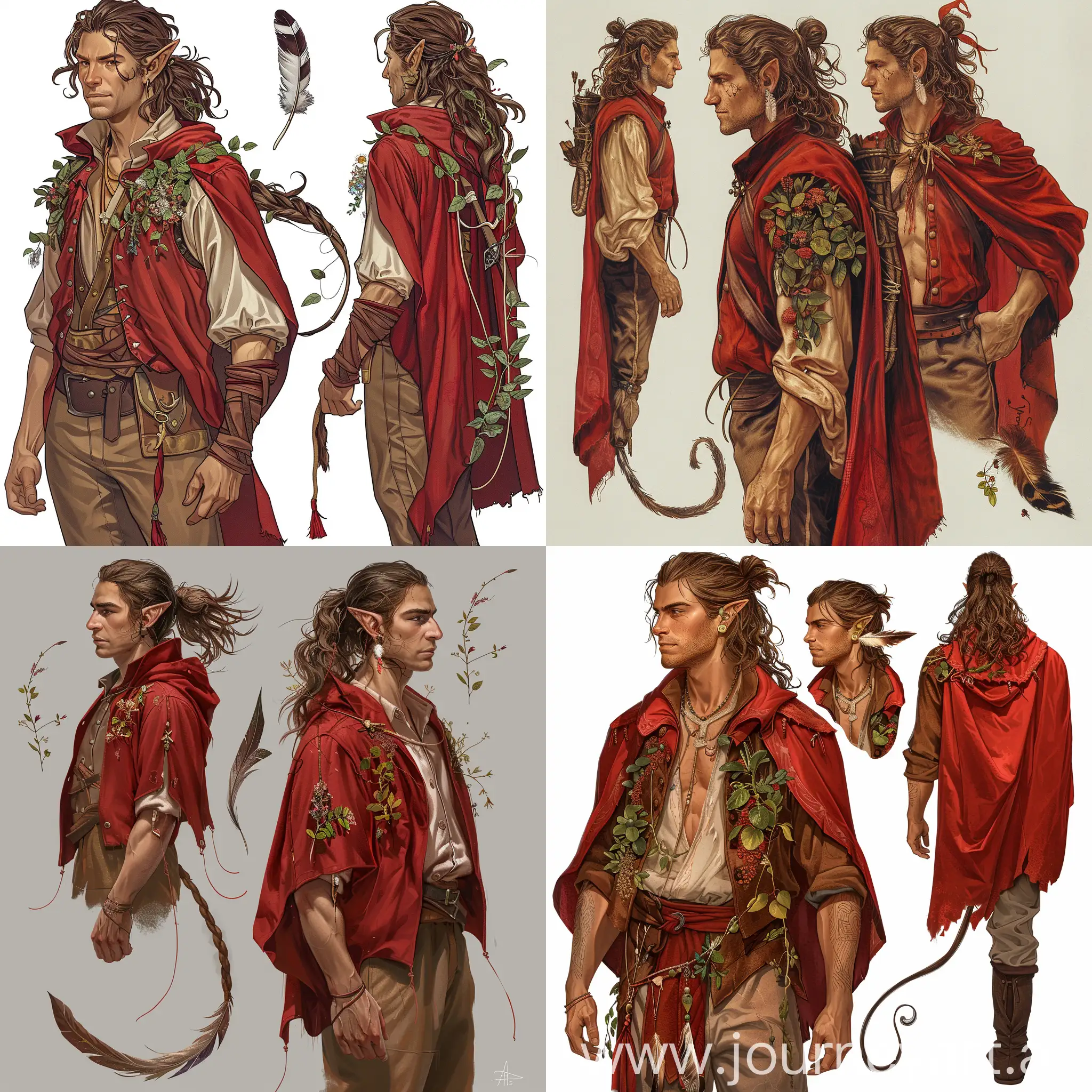 a man with broad shoulders, an adult, wavy brown hair, a ponytail at the bottom, a red cloak, a herbarium on his clothes, an unbuttoned shirt, muscles, a thin tail with a tassel, a feather earring in his ear, trousers, multiple views, full height