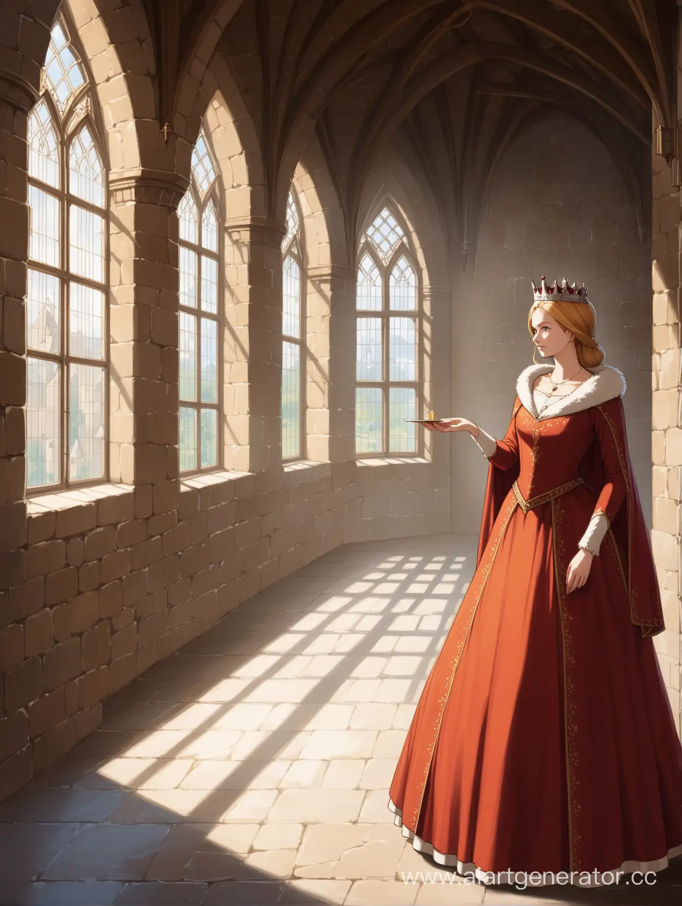 ,вполный рост королева с маленьким зеркалом в руке  в средневековом платье напротив окна в замке



