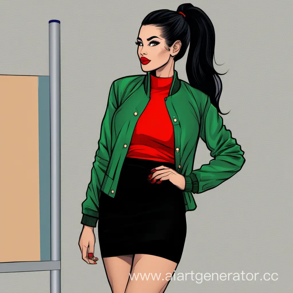 учительница, черные волосы, высокие хвост, зелёный пиджак, черная юбка, ярко красные губы