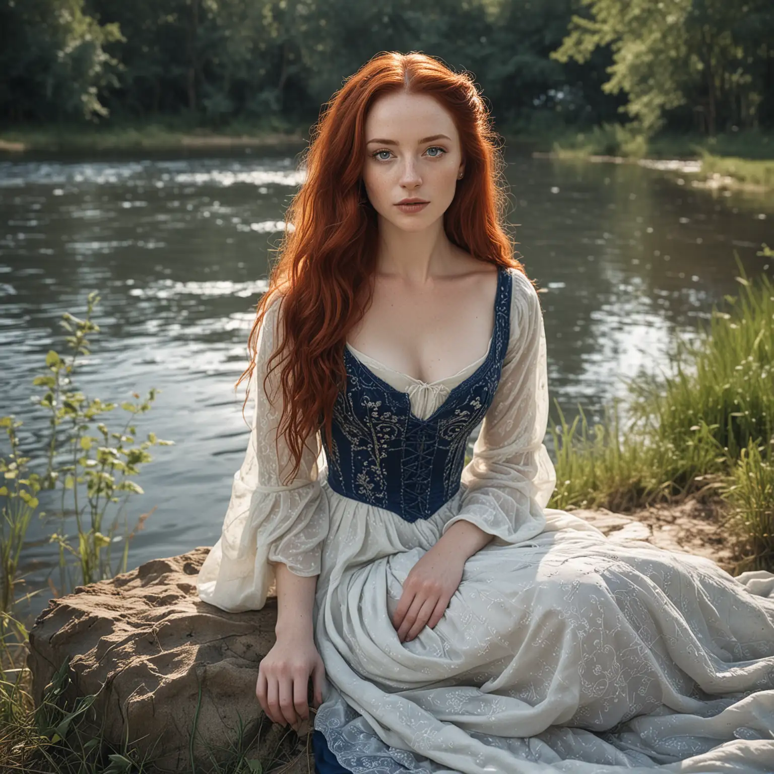 Young woman with deep red hair, blue eyes, high cheekbones and a strong nose, pale white skin, freckles, wearing a royal blue gown, sitting on a riverbank, medieval fantasy setting