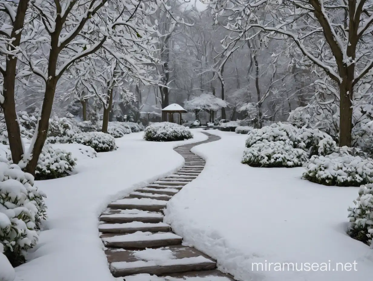 Snowy Garden Pathways Tranquil Winter Scene